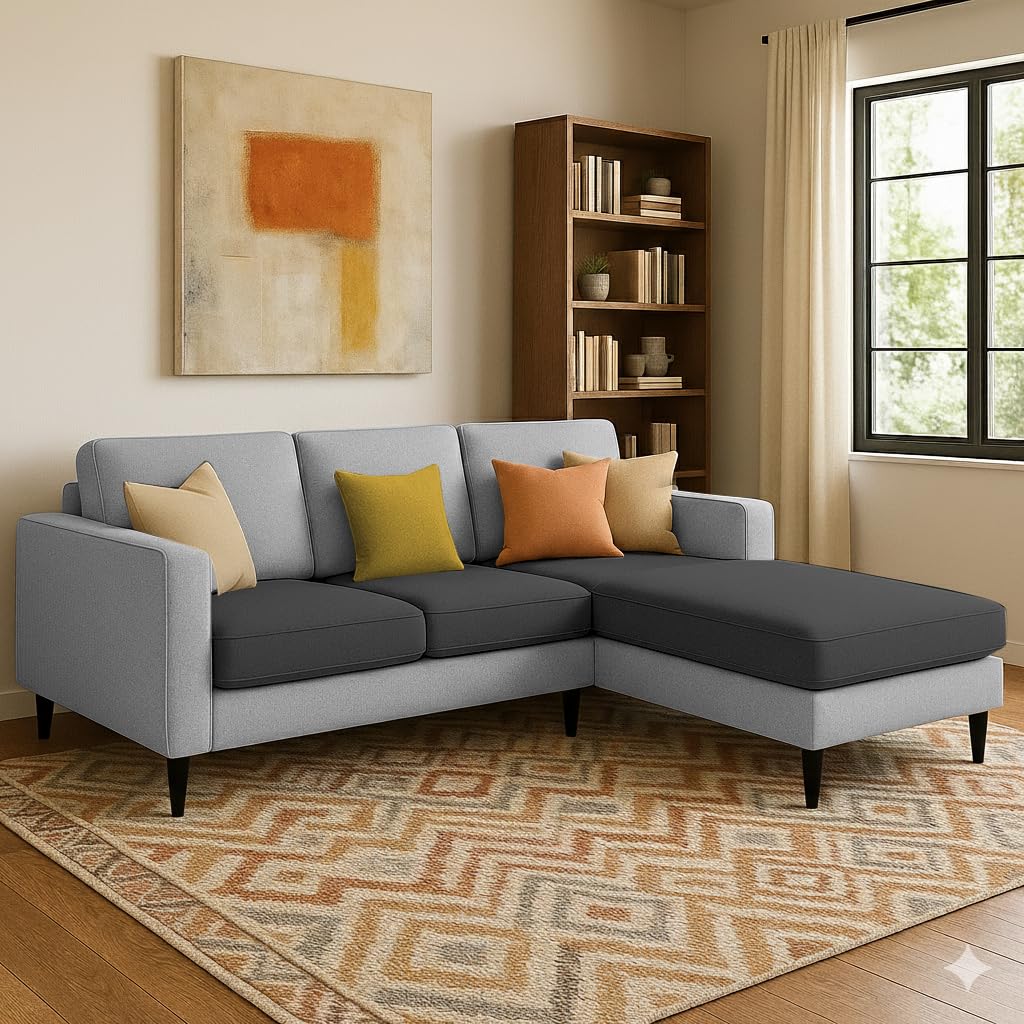 Casaliving Grayon 3 Seater L Shape Convertible Sofa Set For Living Room, 3 Seater & Ottoman Modular Sectional Couch For Small Sp