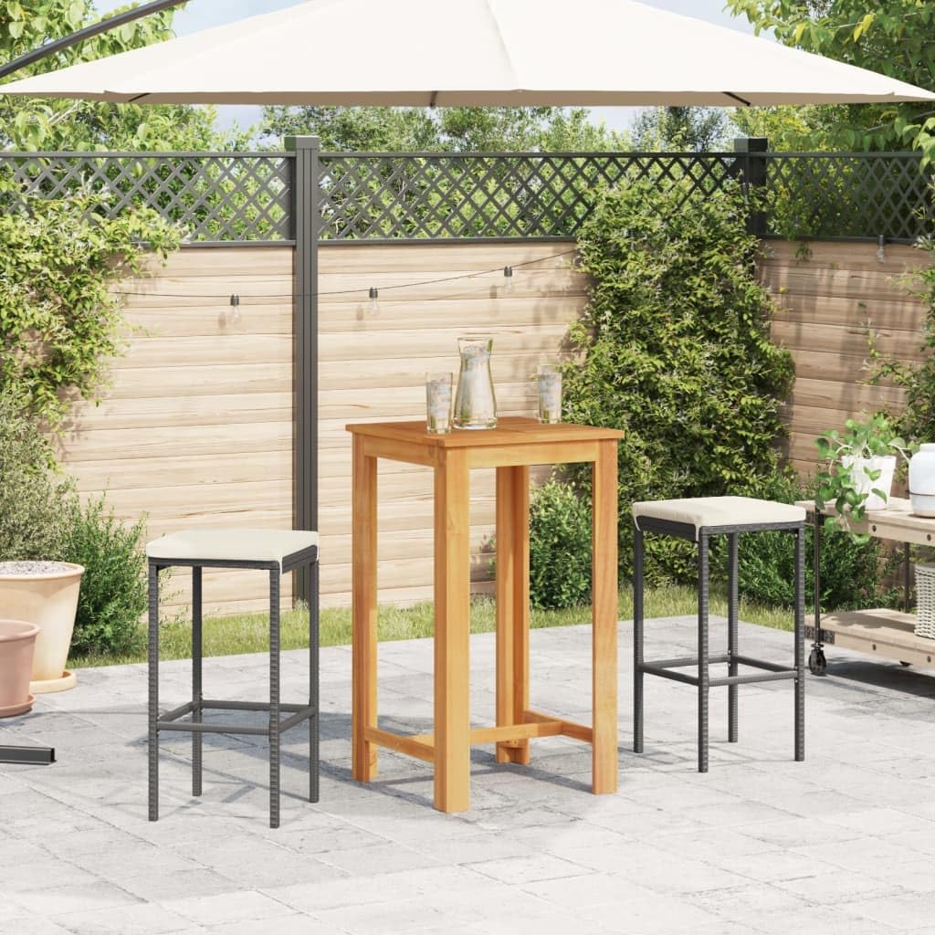 vidaXL 3-Piece Patio Bar Set-Black Poly Rattan and Solid Acacia Wood, Square Table with Oil Finish, Cream White Seat Cushions, Standard, 3295267