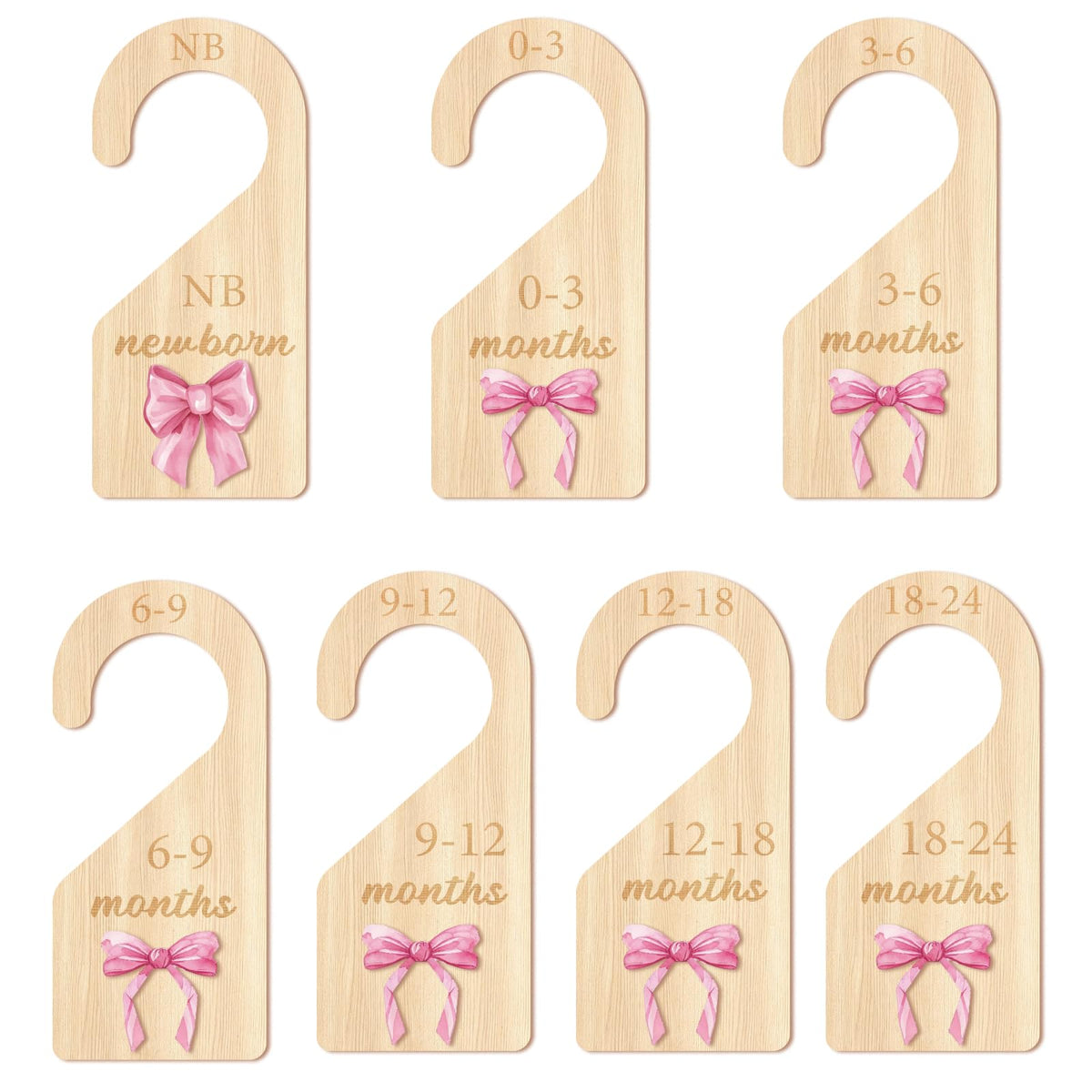 TheClover Closet Dividers Pink Bow Organizer  7Pack Wooden Hanging Size Separators for Wardrobe, Months Labels, Sweet Room Sto