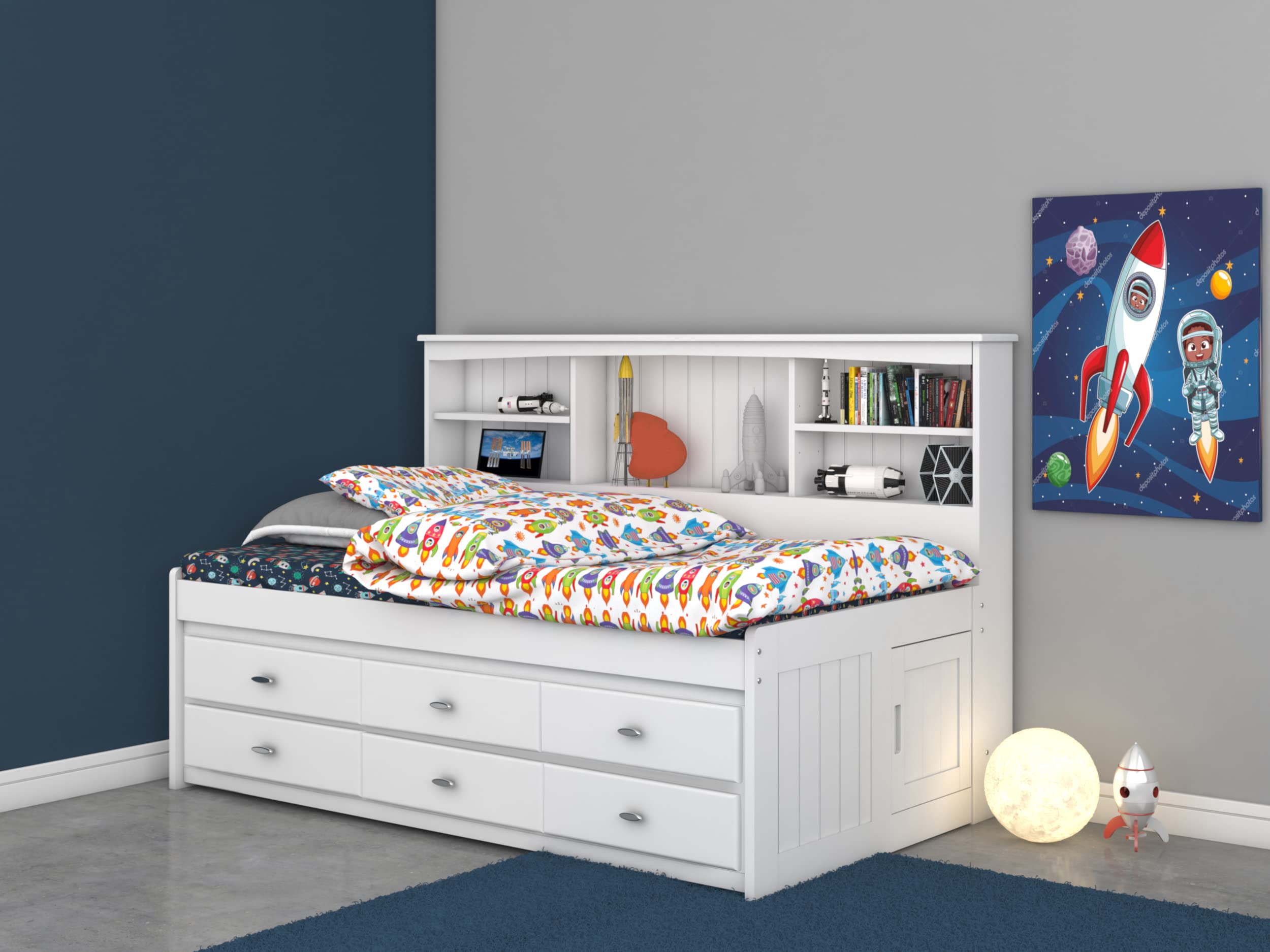 OS Home and Office Furniture Model 80222K6-22, Solid Pine Twin Bookcase Daybed with Six Drawers in Casual White