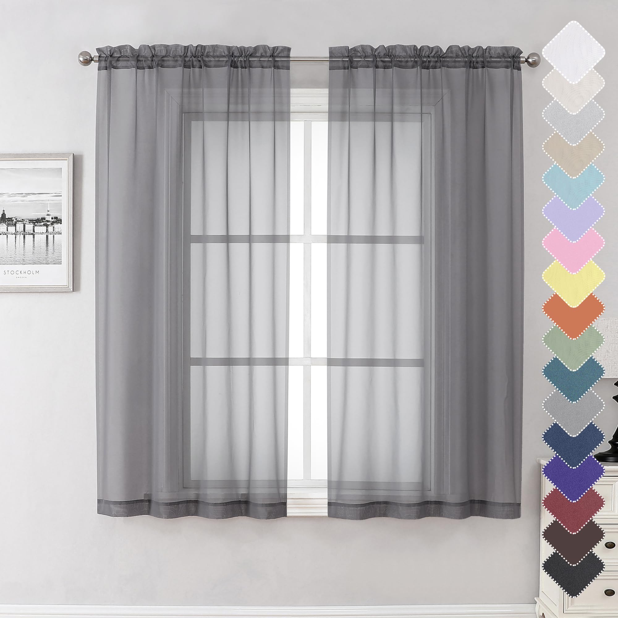 Lecloud Grey Sheer Curtains 63 Inch Long 2 Panels, Elegant Voile Drapes For Dinning Small Windows, Light Filtering Voile Curtain