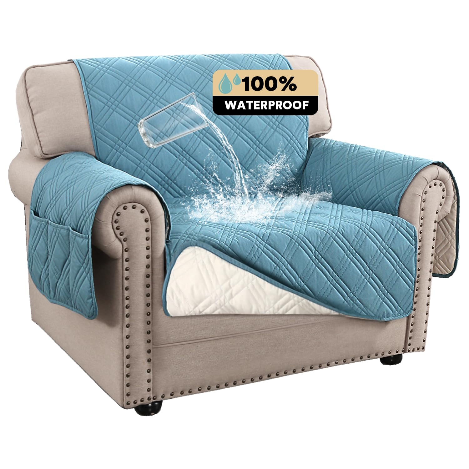 Princedeco 100% Waterproof Chair Sofa Slipcover For Living Room Water Resistant Couch Cover Furniture Protector Cover With Elastic Straps For Pets Kids Children Dog Cat(Chair 23', Smoke Blue)