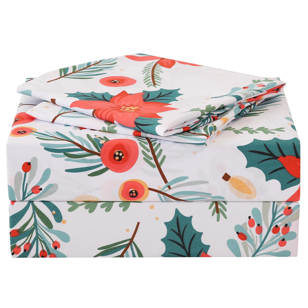 Jsd 4 Piece Poinsettia Floral Sheet Set Full, Soft Printed Microfiber Bedding Sheets Extra Deep Pocket