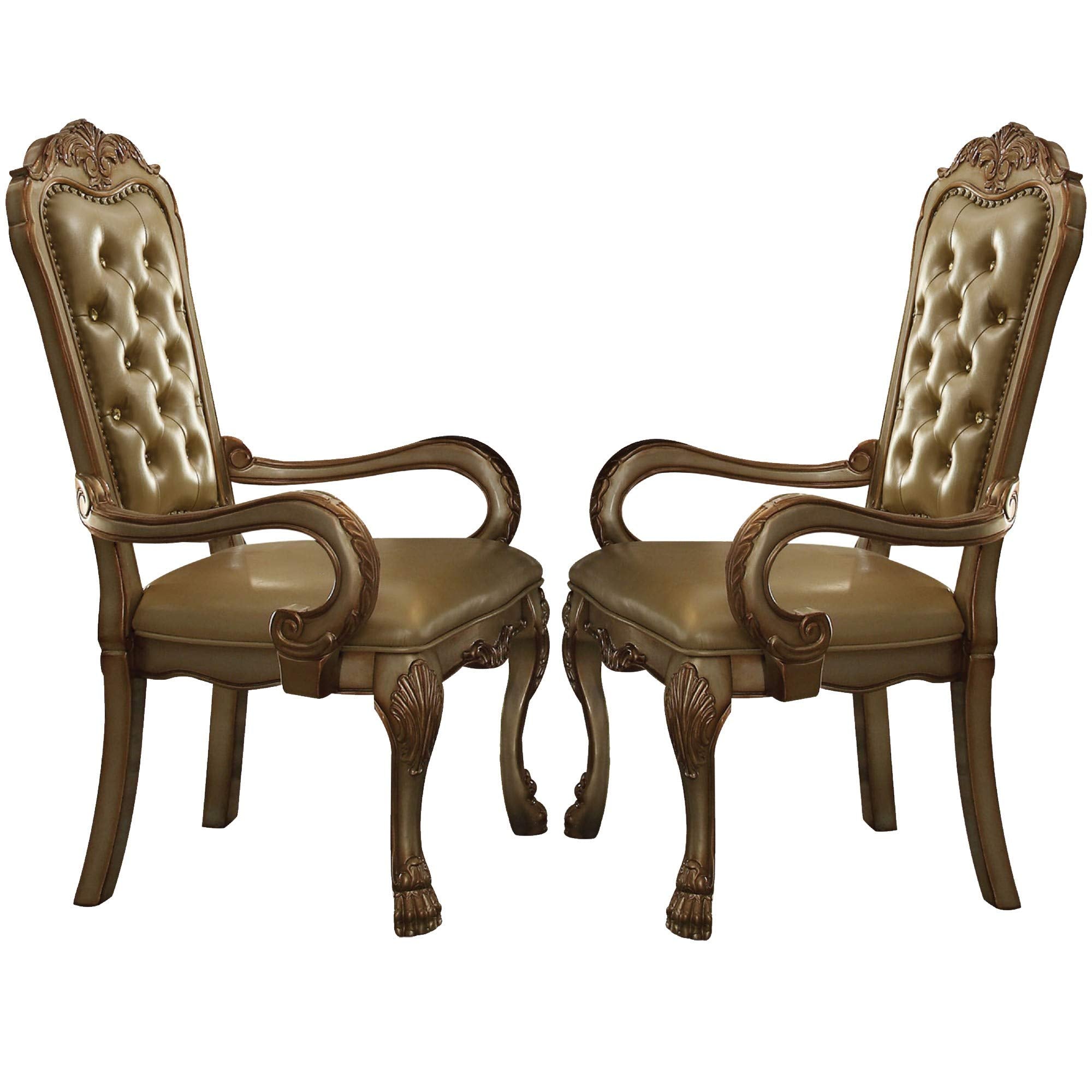 Benjara Leatherette Upholstered Arm Chair With Intricate Carvings, Set Of 2, Gold