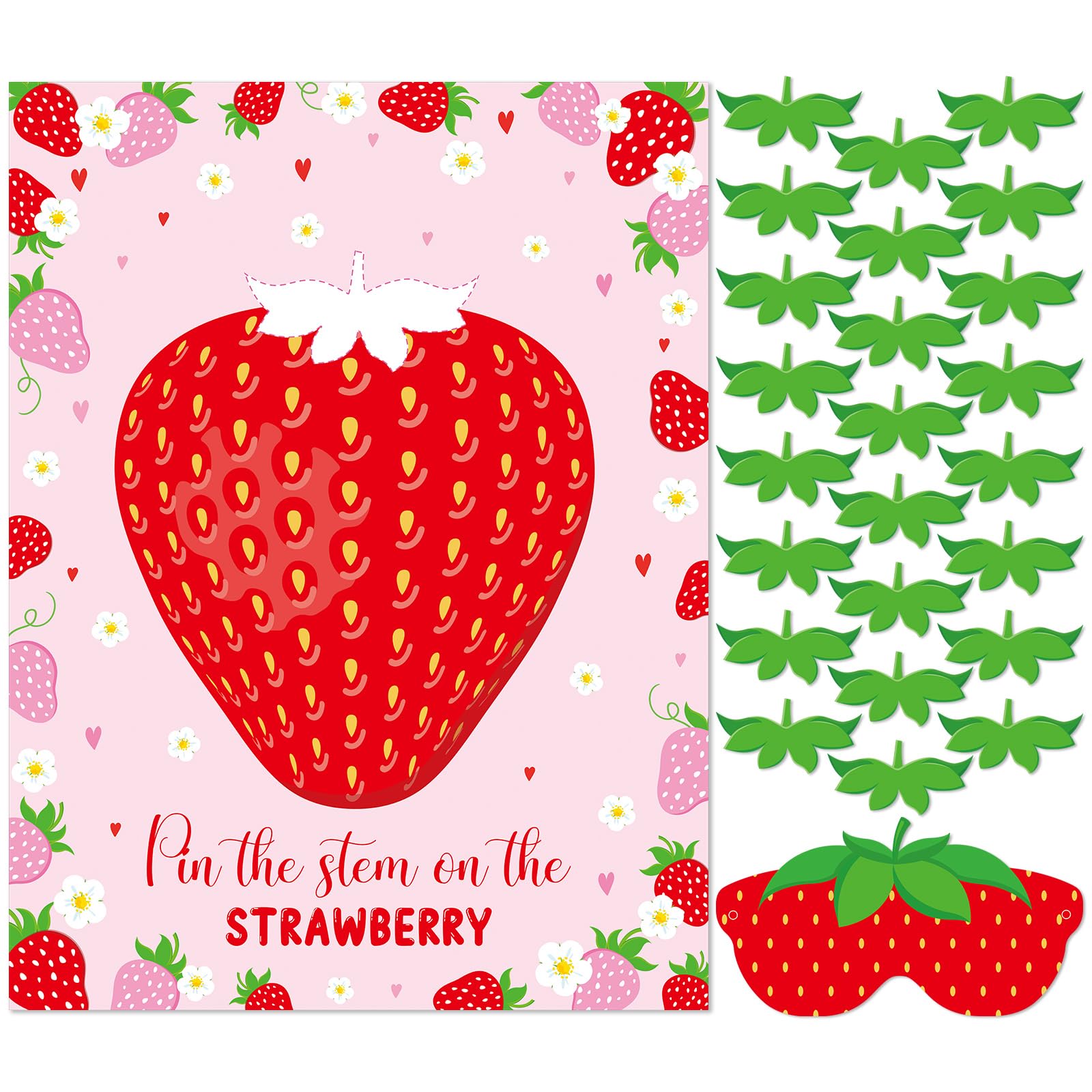 Faccito Strawberry Game Set Pin The Stem On The Strawberry Include Large Poster Blindfold 24 Stickers Berry First Birthday Party