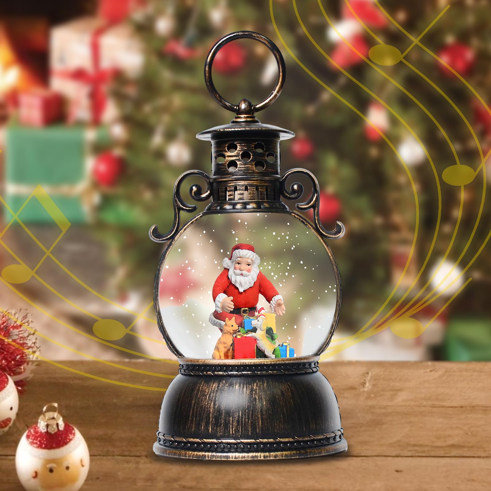 Christmas Snow Globes Lantern, Christmas Table Decorations with 8 Songs, 6H Timer, Battery & USB Powered Glitter Christmas Music
