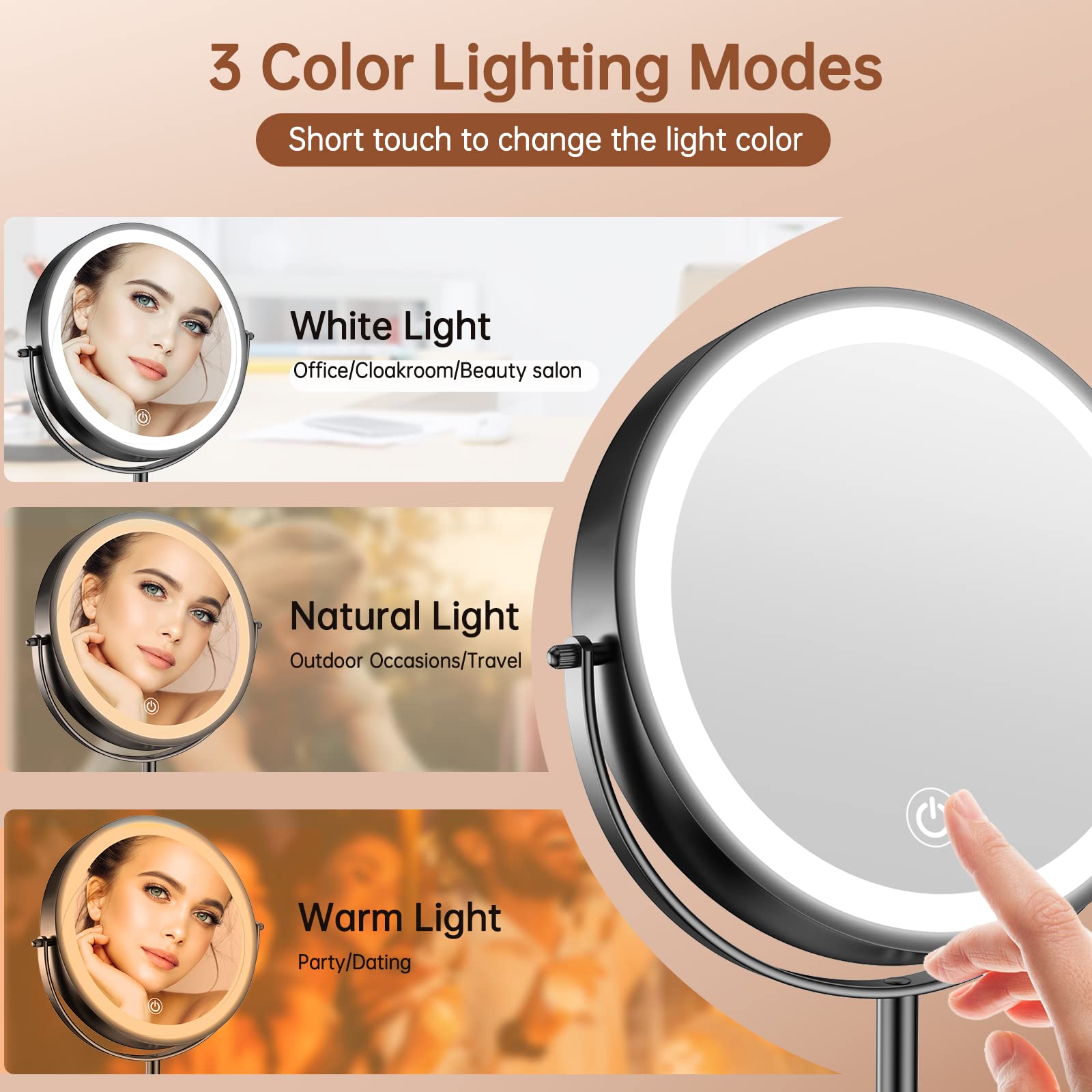 Benbilry 8' Lighted Makeup Vanity Mirror With 3 Color Dimmable Lights, 1X/10X Magnifying Rechargeable Double Sided Cosmetic Mir