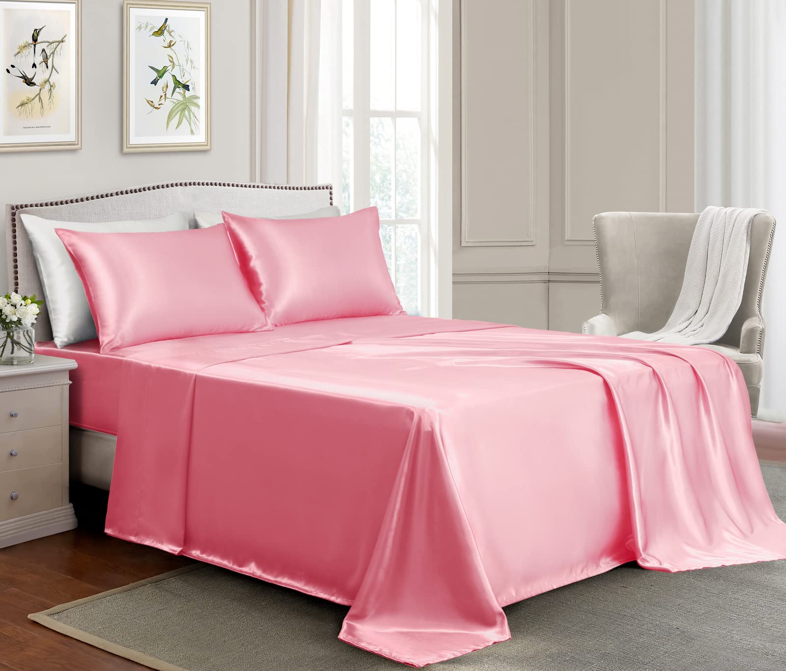 Golal Satin Sheets King Size - 4 Pieces Luxury Silky Soft Bed Sheets, Wrinkle-Free Pink Satin Silk Sheet Set With 1 Deep Pocket Fitted Sheet, 1 Flat Sheet, 2 Pillow Cases