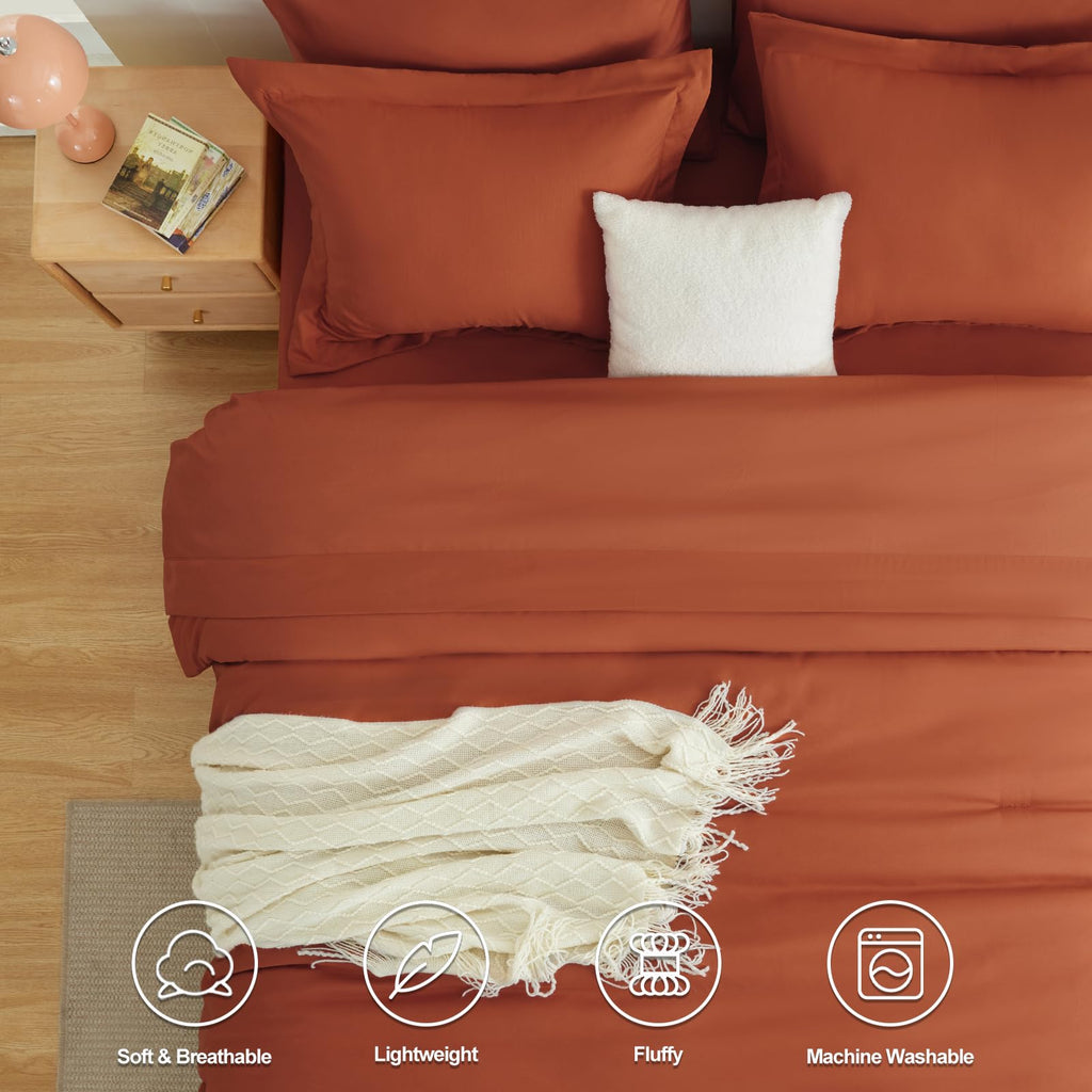 Cozylux Full Comforter Set Burnt Orange, 7 Pieces Bed In A Bag Terracotta Comforter Set With Sheets, All Season Boho7Pc Bed Sets With Comforter, Fitted Sheet, Flat Sheet, Pillow Shams And Pillowcases