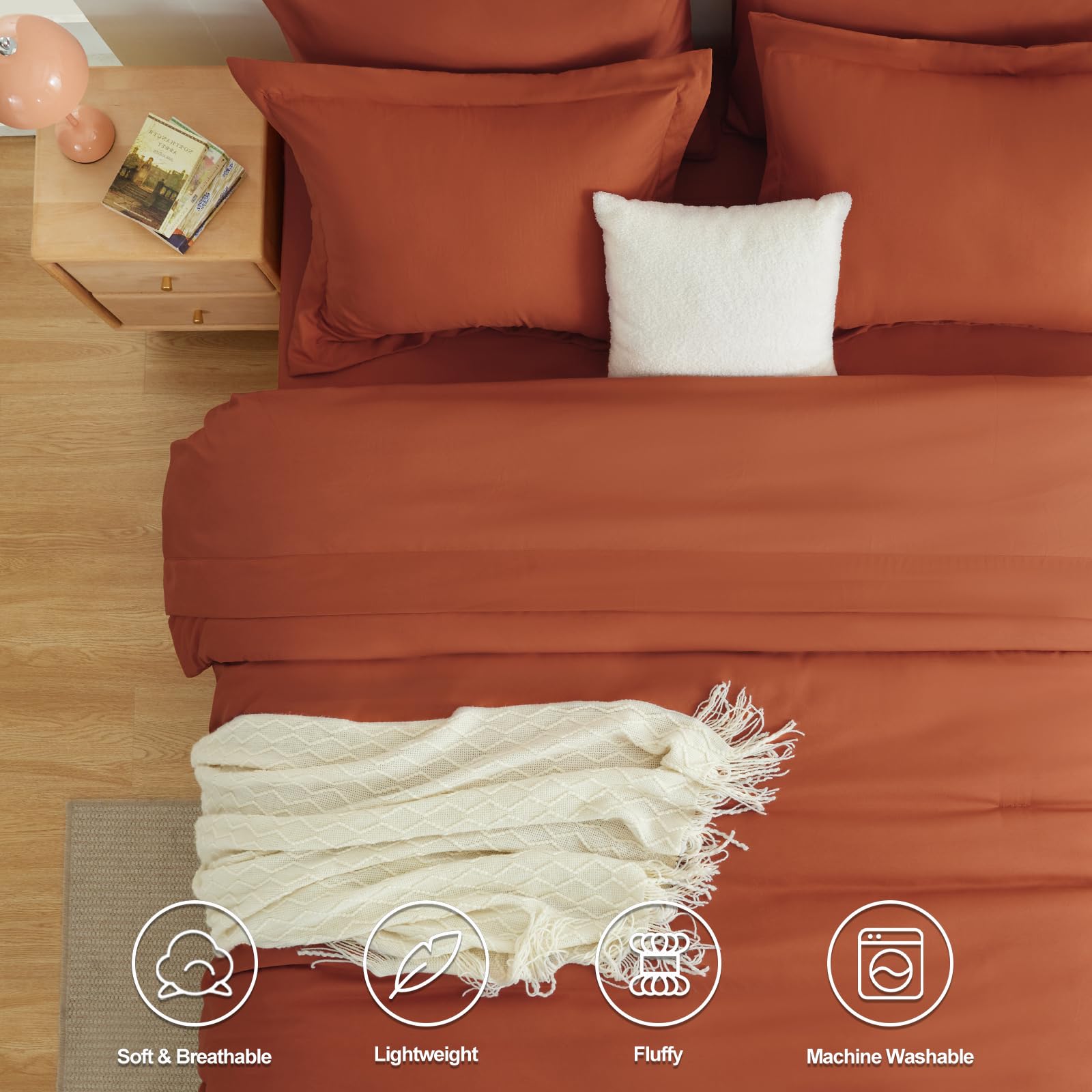Cozylux Full Comforter Set Burnt Orange, 7 Pieces Bed In A Bag Terracotta Comforter Set With Sheets, All Season Boho7Pc Bed Sets With Comforter, Fitted Sheet, Flat Sheet, Pillow Shams And Pillowcases