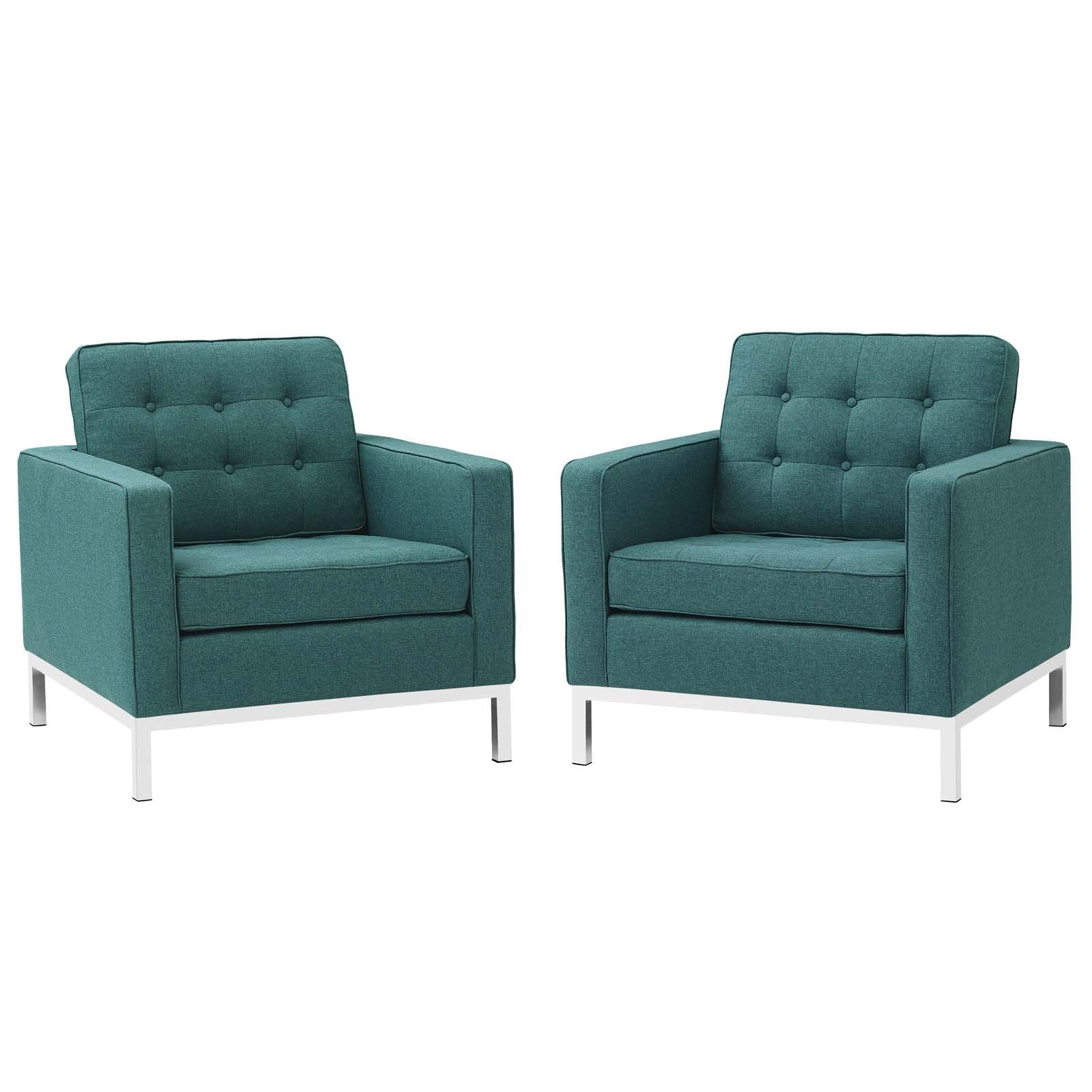Modway Loft Upholstered Fabric Mid-Century Modern Accent Arm Lounge Chairs In Teal - Set Of 2