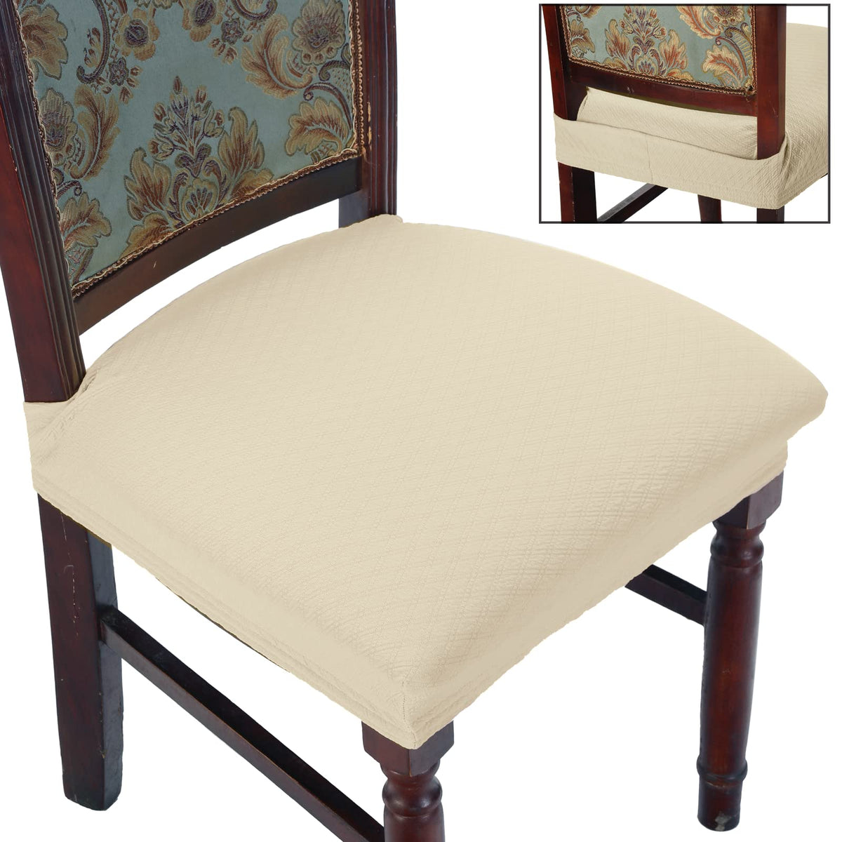 Buyue Luxury Dining Room Chair Covers Set Of 4, Easy Installation Stretchy Jacquard Armless Kitchen Chair Seat Protectors, Rear Covered- Beige- 4