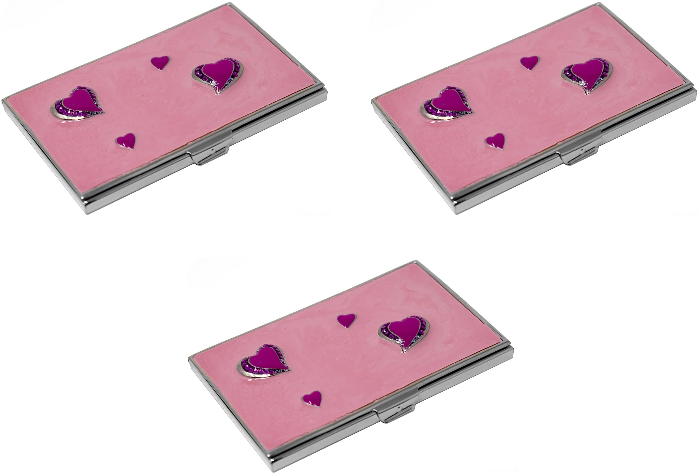Stephanie Imports Set Of 3 Slim & Minimalist Metal Business Card Holder Unisex Case With Enamel Insert (Hearts)