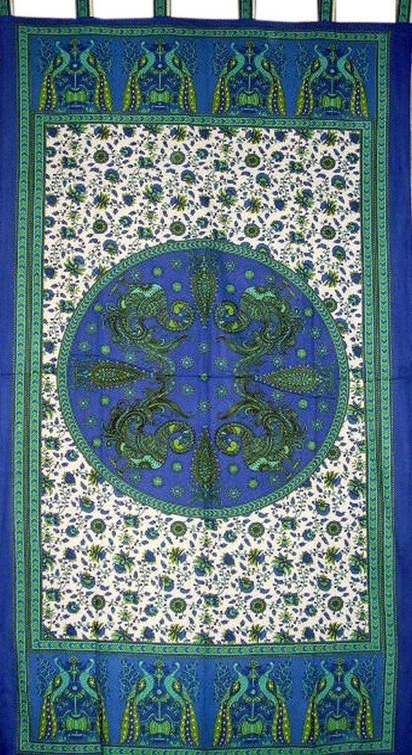 India Arts Peacocks Tab Top Curtain Drape Panel Cotton 44 x 88 Blue