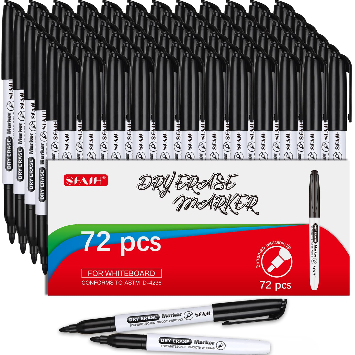 Sfaih Fine Tip Dry Erase Markers - 72 Pack Black Whiteboard Erasable Markers Bulk For Kids Adults, Ideal For Classroom School Of