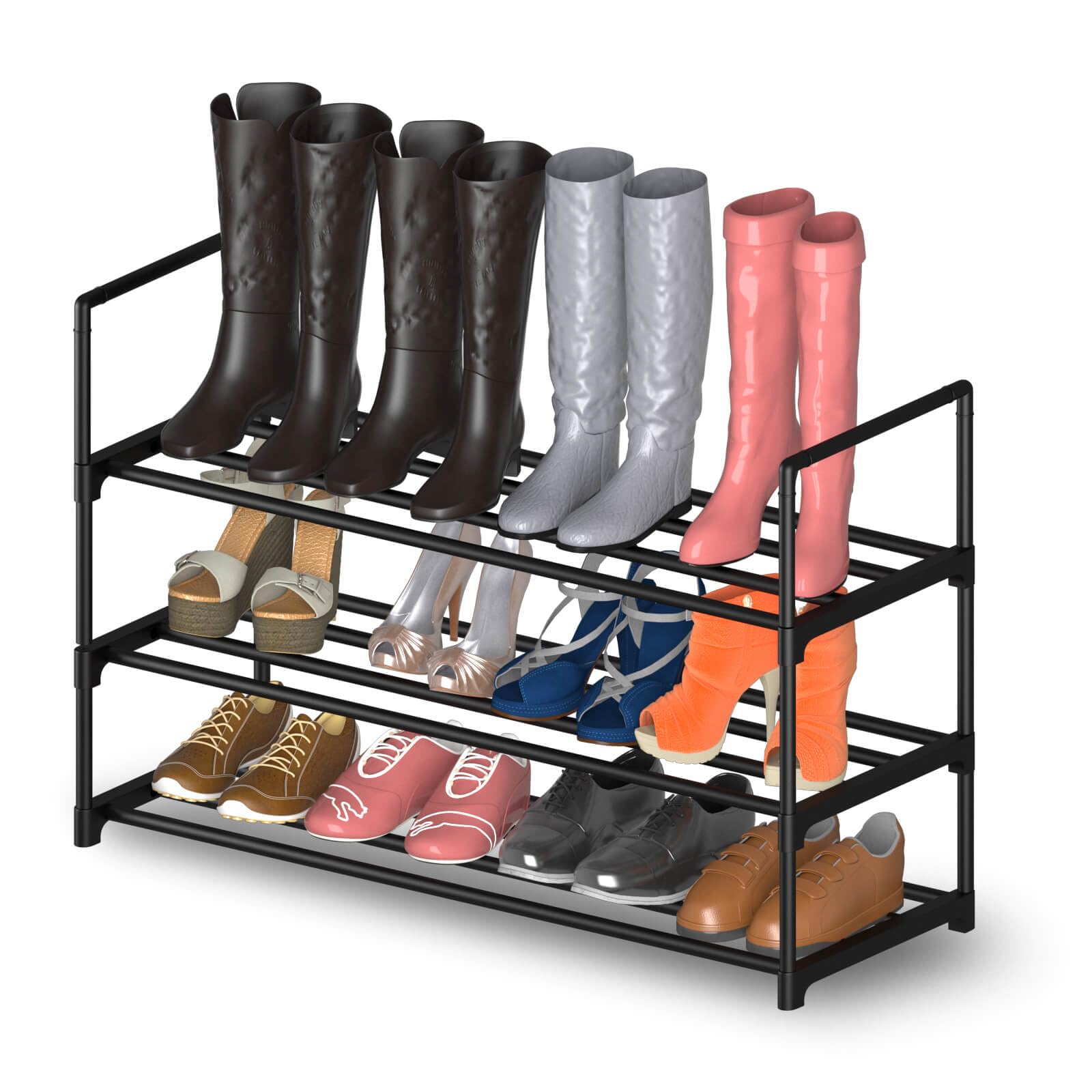 Hsscblet 3 Tiers Metal Shoe Rack,Adjustable Shoe Shelf Storage Organizer,Stackable Boot & Shoe Storage,For Entryway,Hallway,Closet,Black