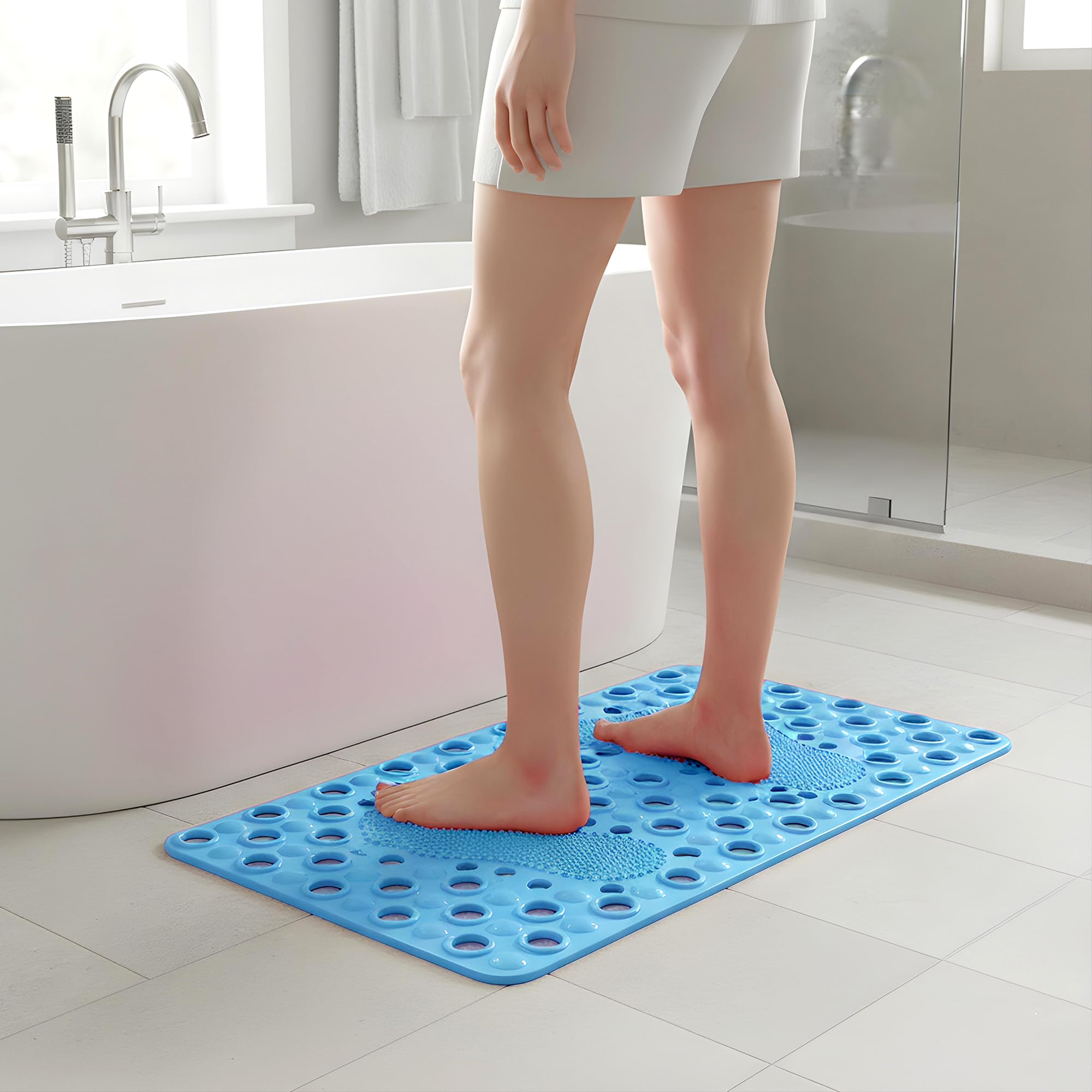 Heart Home PVC Anti Skid Foot Design Bath Mat for Wash Room with Foot Scrubber | Rectangle PVC Bathtub/Shower Mat Drain Hole Suc