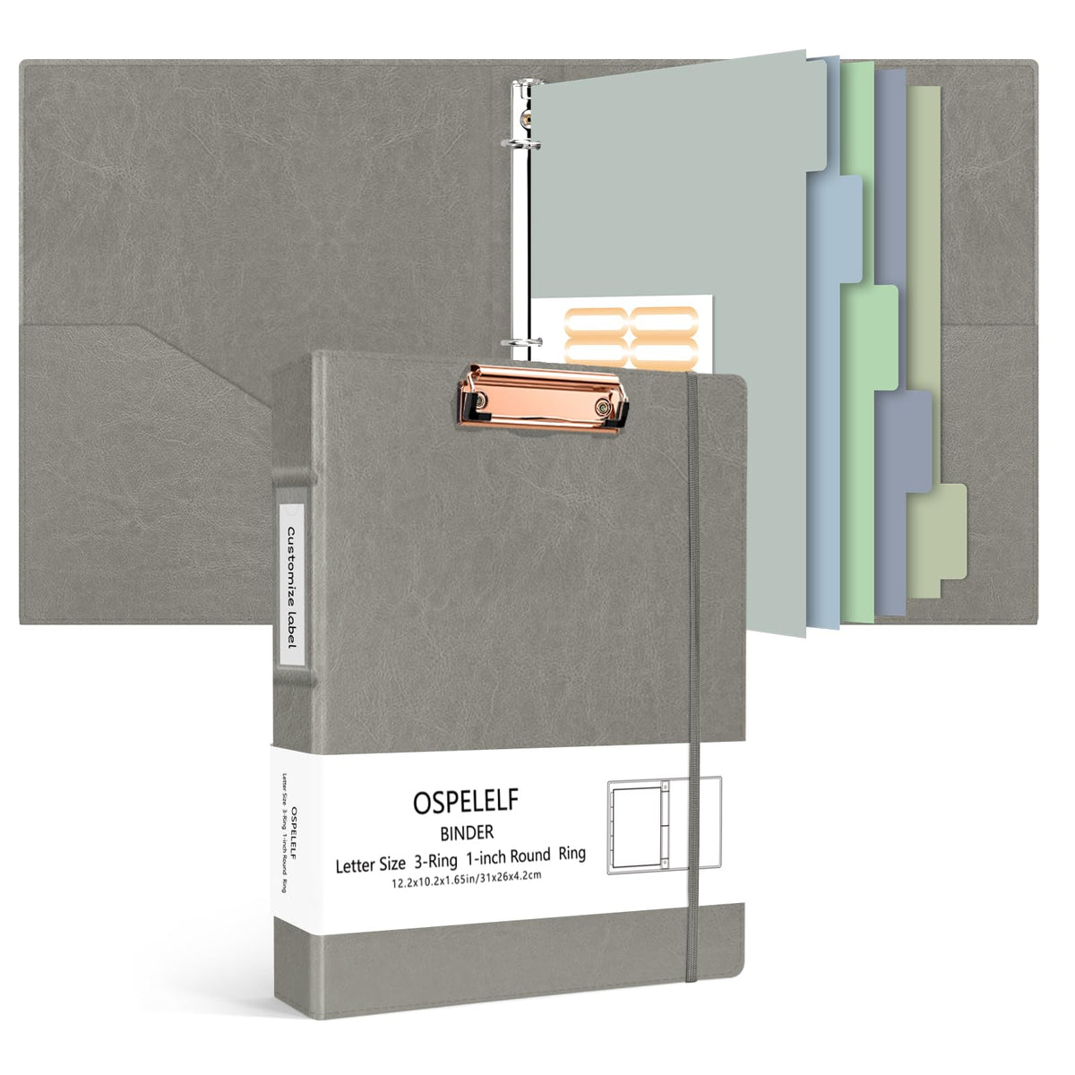 Ospelelf 3 Ring Binder With Clipboard 1 Inch Leather For Letter Size (8.5' X 11'), 5 Tab Dividers Office Supply, Grey