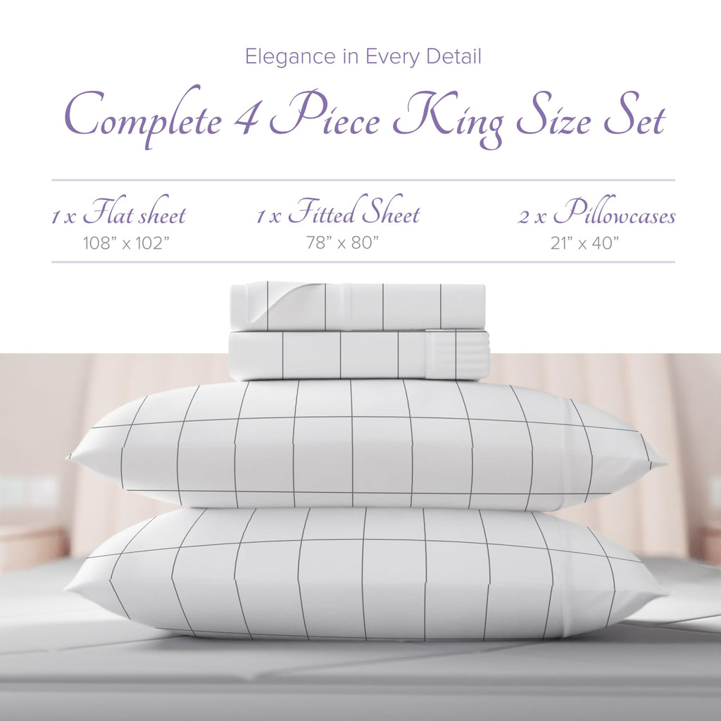 Carressa Linen Luxury Egyptian Cotton King Printed Sheet Set - 600 Thread Count Extra Long Staple 4 Pc Set, Window Pane King Pri