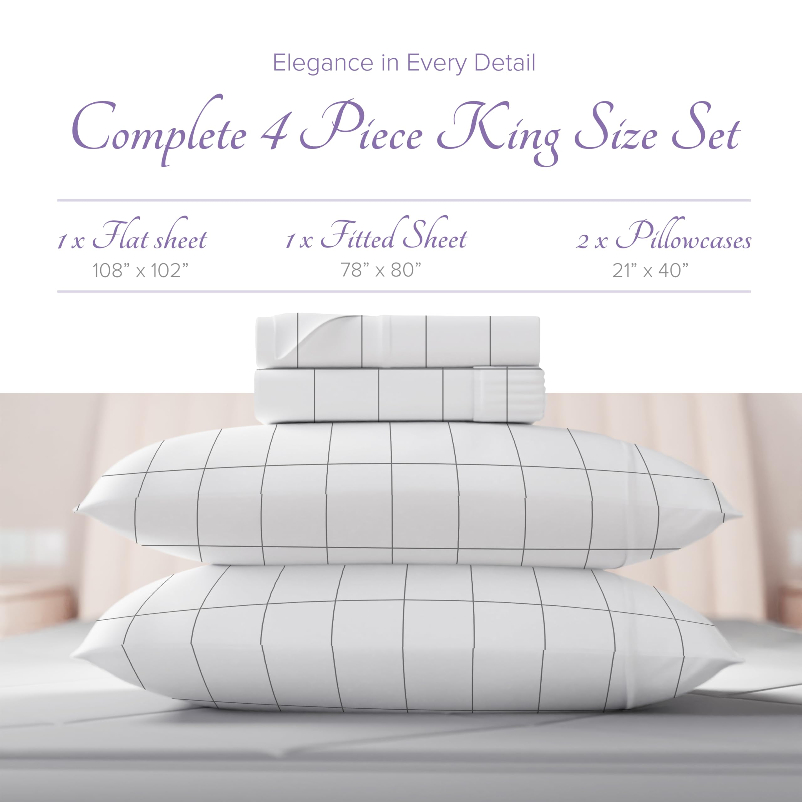 Carressa Linen Luxury Egyptian Cotton King Printed Sheet Set - 600 Thread Count Extra Long Staple 4 Pc Set, Window Pane King Pri