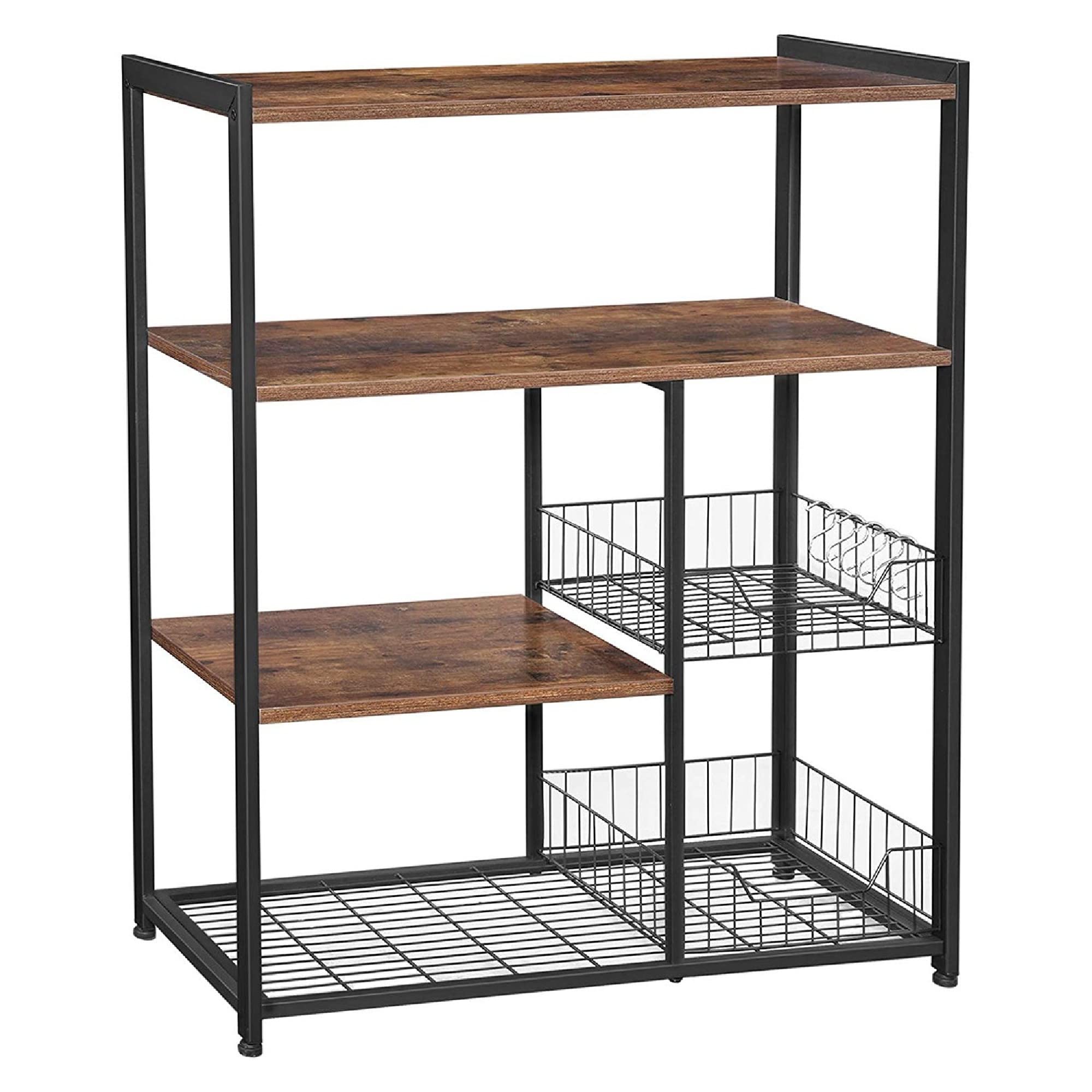 Benjara Bm217105 2 Mesh Basket & 6 Hooks Wood & Metal Frame Bakers Rack - Brown & Black