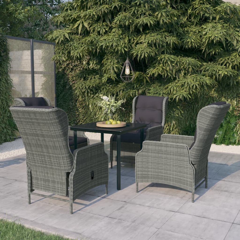vidaXL Patio Dining Set - 3 Piece Outdoor Dining Set - Light Gray Chairs with Black Cushions, Glass Tabletop, Reclining Function, Water-Resistant PE Rattan, Steel Frame - Ideal for Garden/Patio