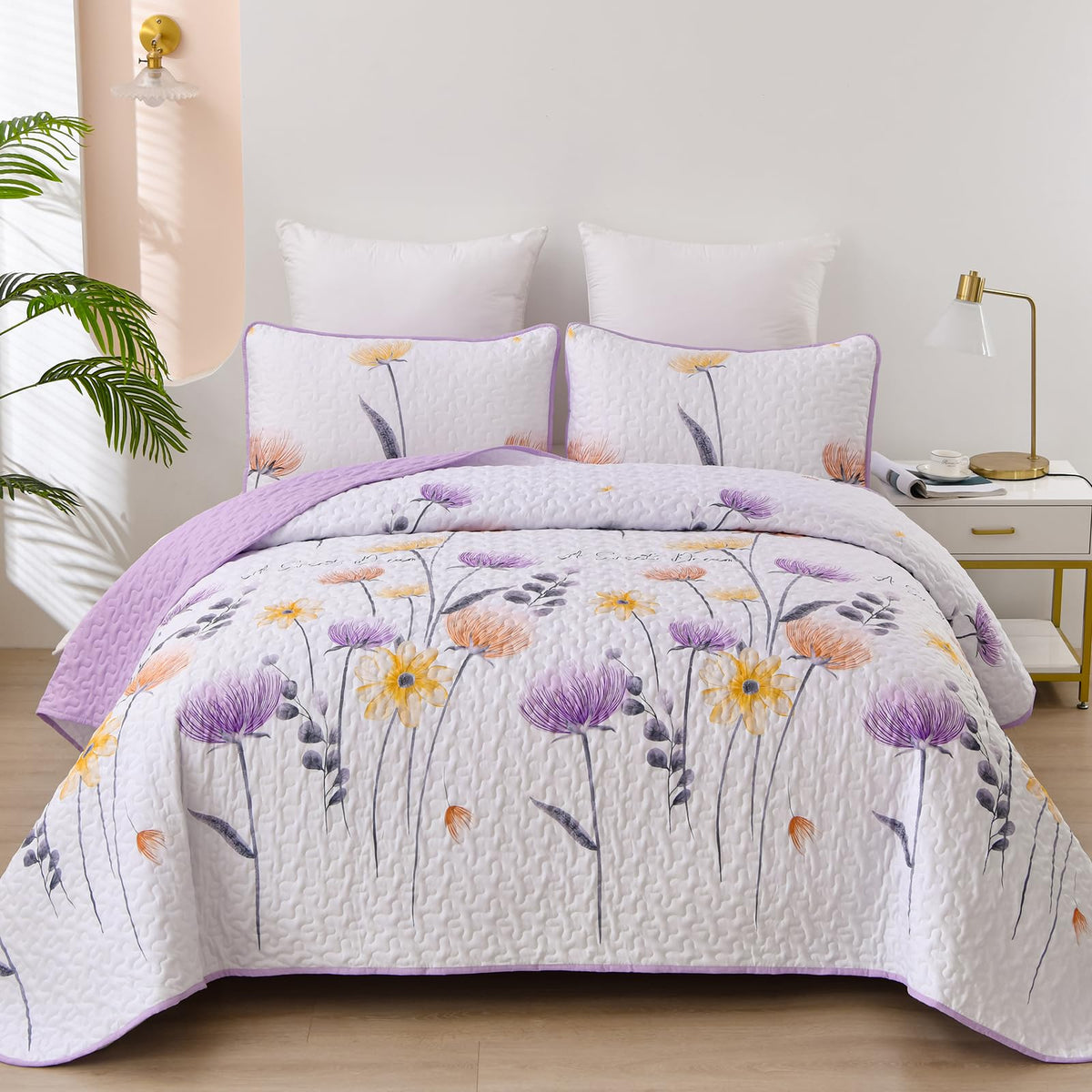 Dinjoy King Size Quilt Set Floral,3 Pieces Purple & Yellow Quilts Coverlet Set Boho Bedspreads Bed Cover Lightweight White Botan