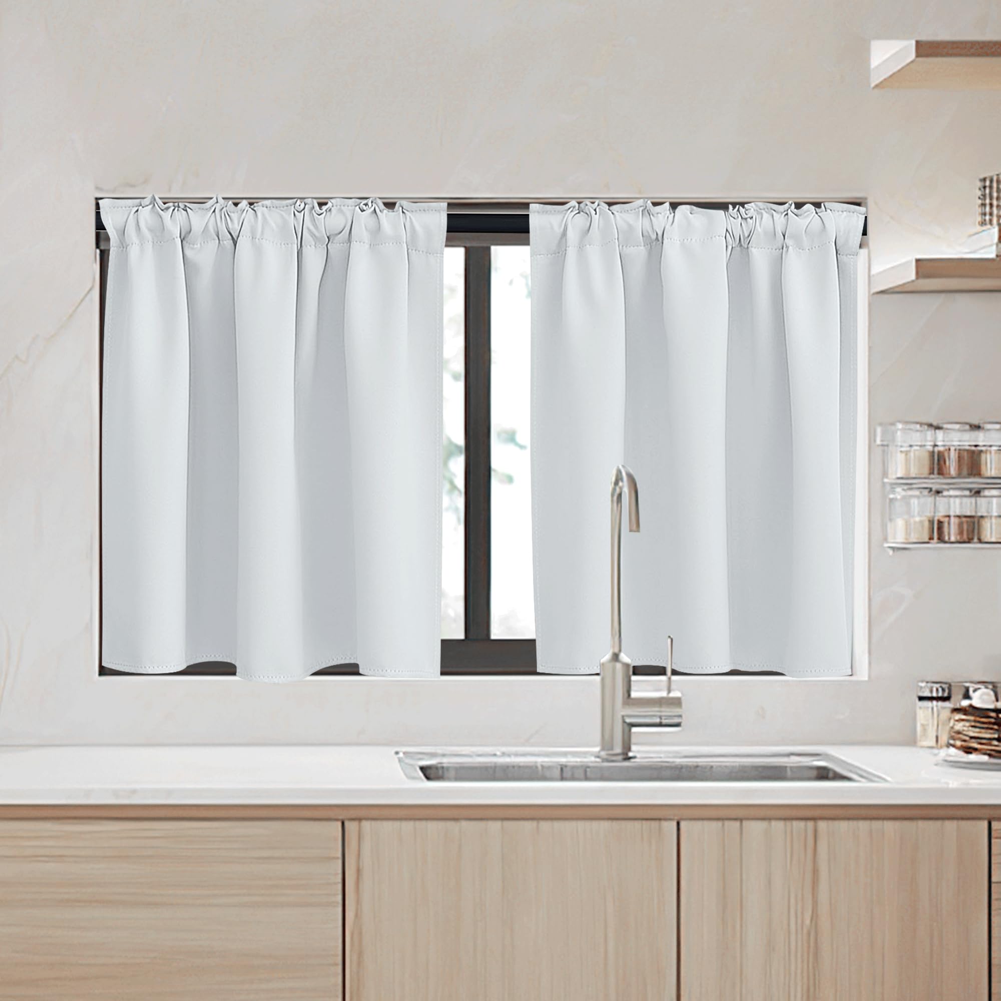 Ryb Home Kitchen Window Curtains - Blackout Privacy Half Window Curtains For Bedroom Bathroom Dining Living Room Cafe Office Short Tiers Curtains, W 34 X L 36 Inches, 2 Panels, Grayish White