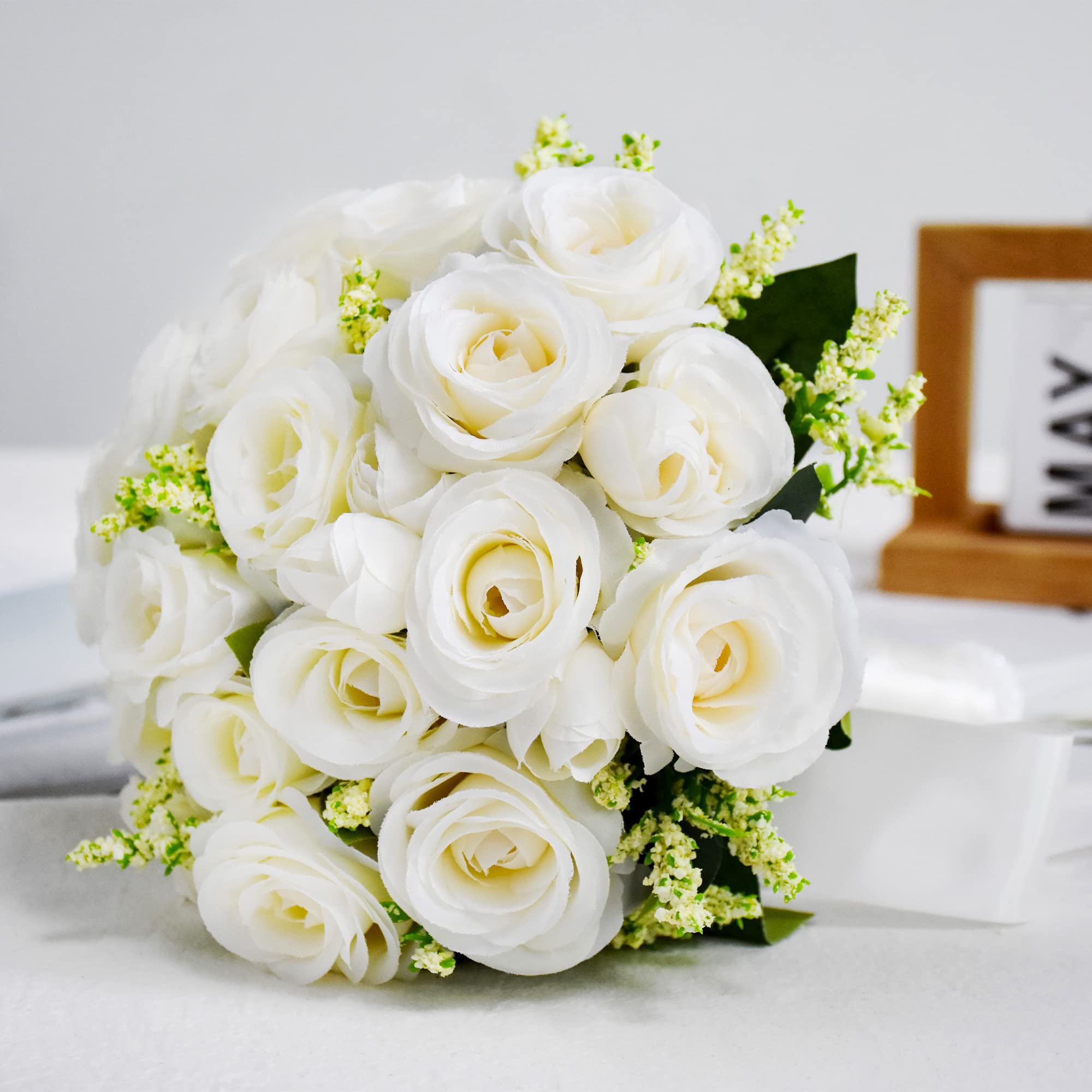 Febou Wedding Bouquets For Bride Bridesmaid Bouquet Ivory Bridal Bouquet Artificial Roses For Wedding Church Home Decoration (Iv