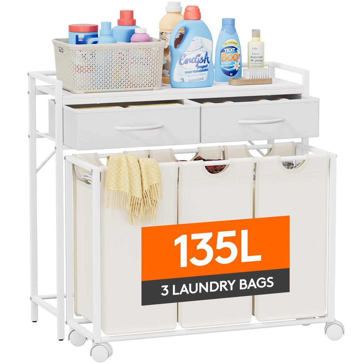 Lifewit Laundry Hamper 3 Section, Large Rolling Laundry Sorter with Shelf & 2 Drawers, PullOut Laundry Basket Organizer with Wh