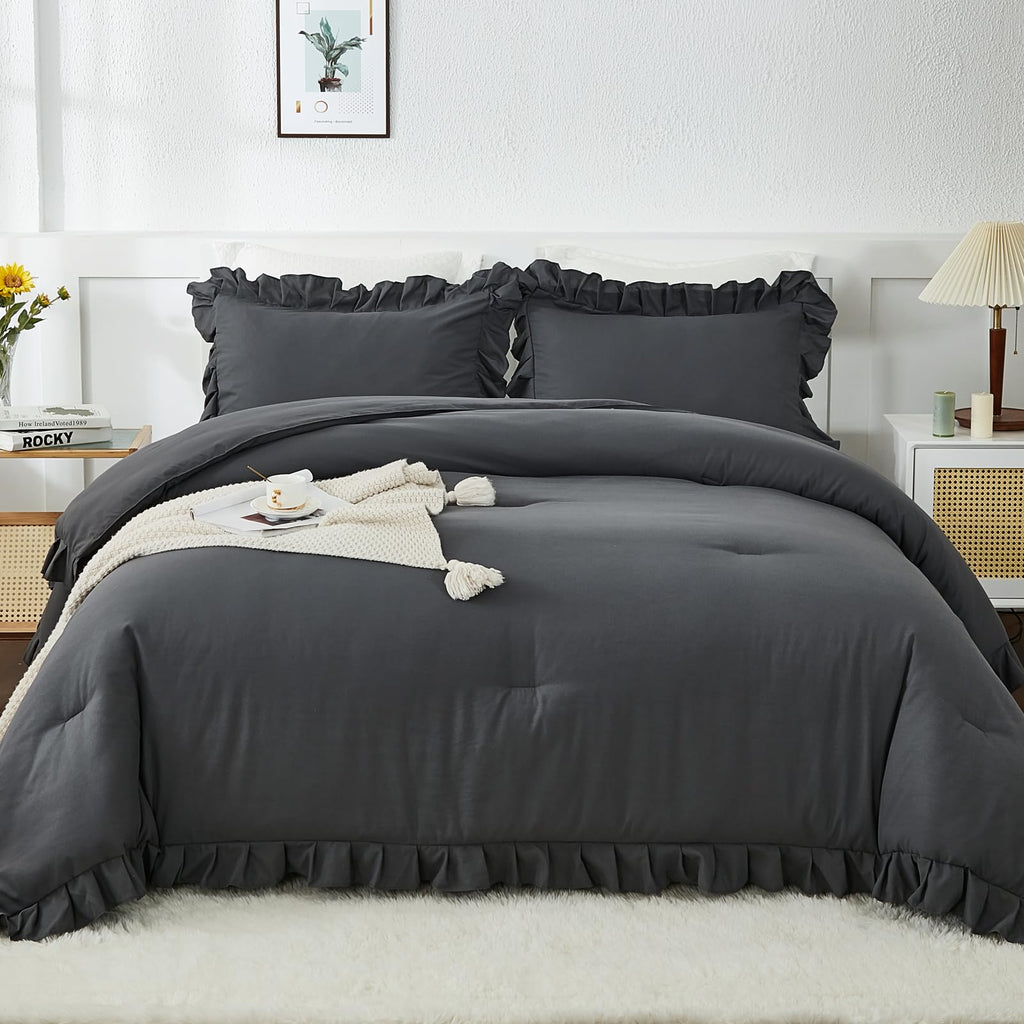 Andency Dark Gray Twin Size Comforter, 2 Pieces Kids All Season Ruffle Bed Comforter Set, Boho Lightweight Solid Farmhouse Shabby Chic Bedding Comforters & Sets (66X90Inch Comforter)