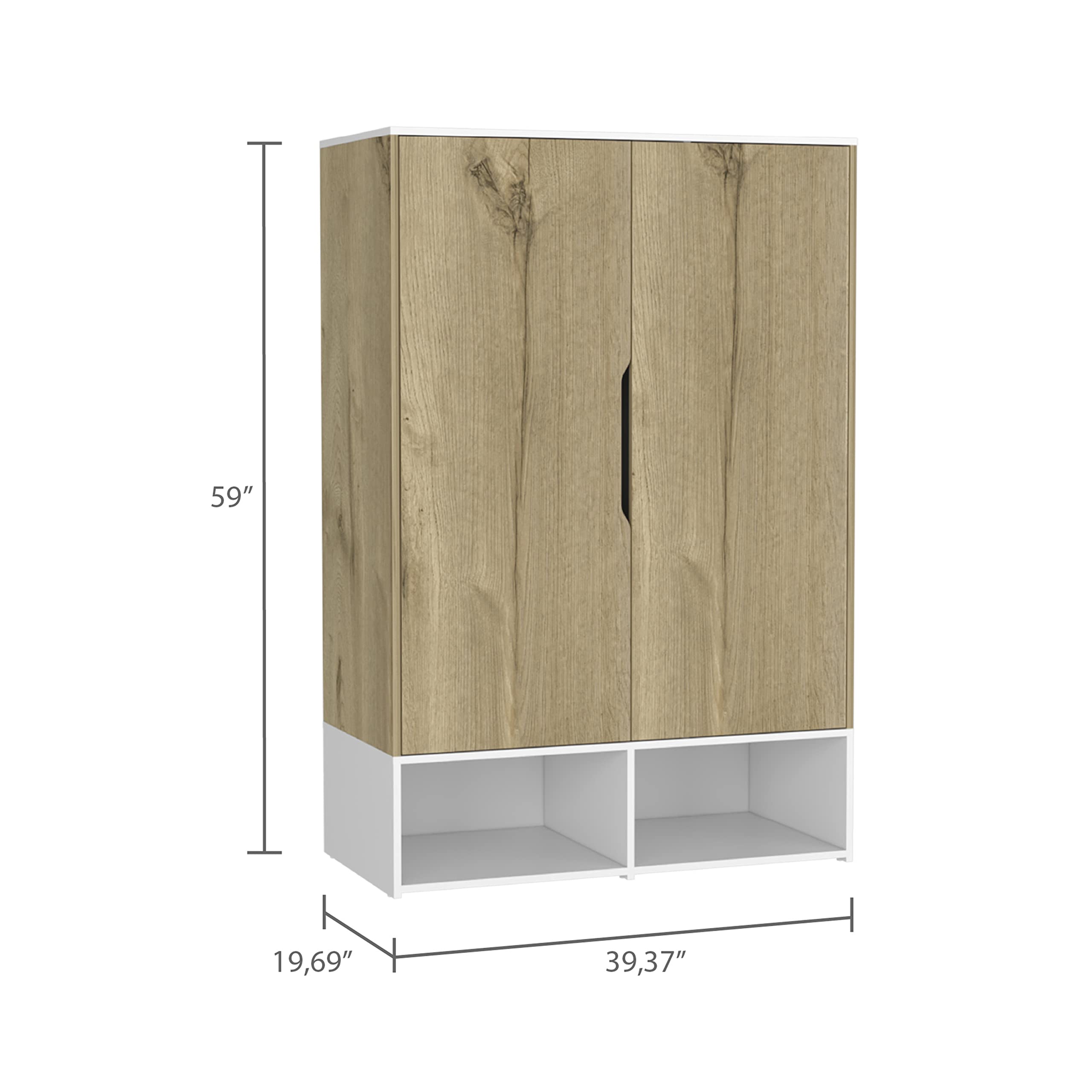 Bamboo Armoire, Double Door Cabinets, 5 Shelves, Hanging Rod, 2 Open Shelves, Light Oak/White