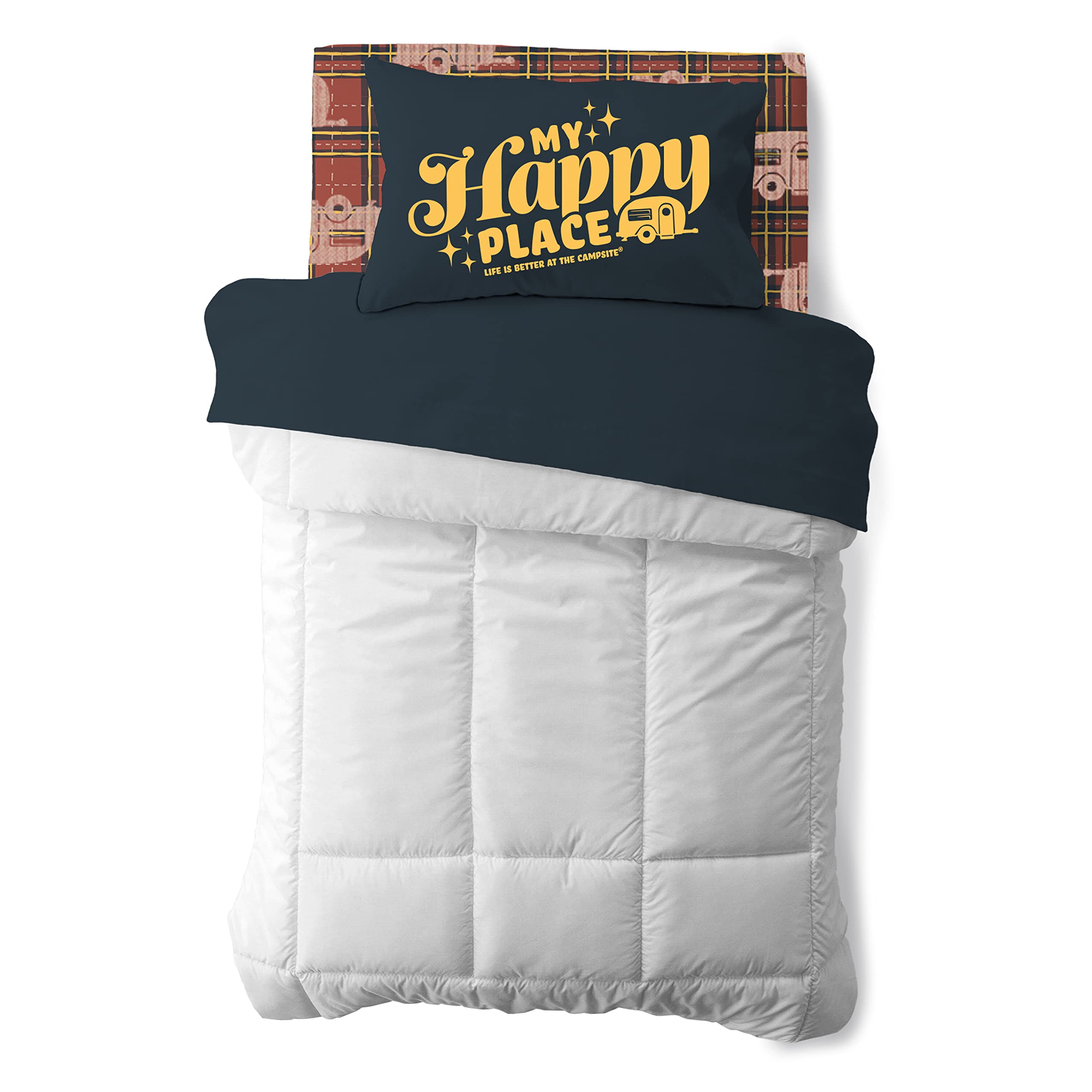 Camco Life is Better at The Campsite Camper/RV Bunk Sized Bed Sheets | Features Vintage-Inspired Camping Theme on Red Plaid & Na