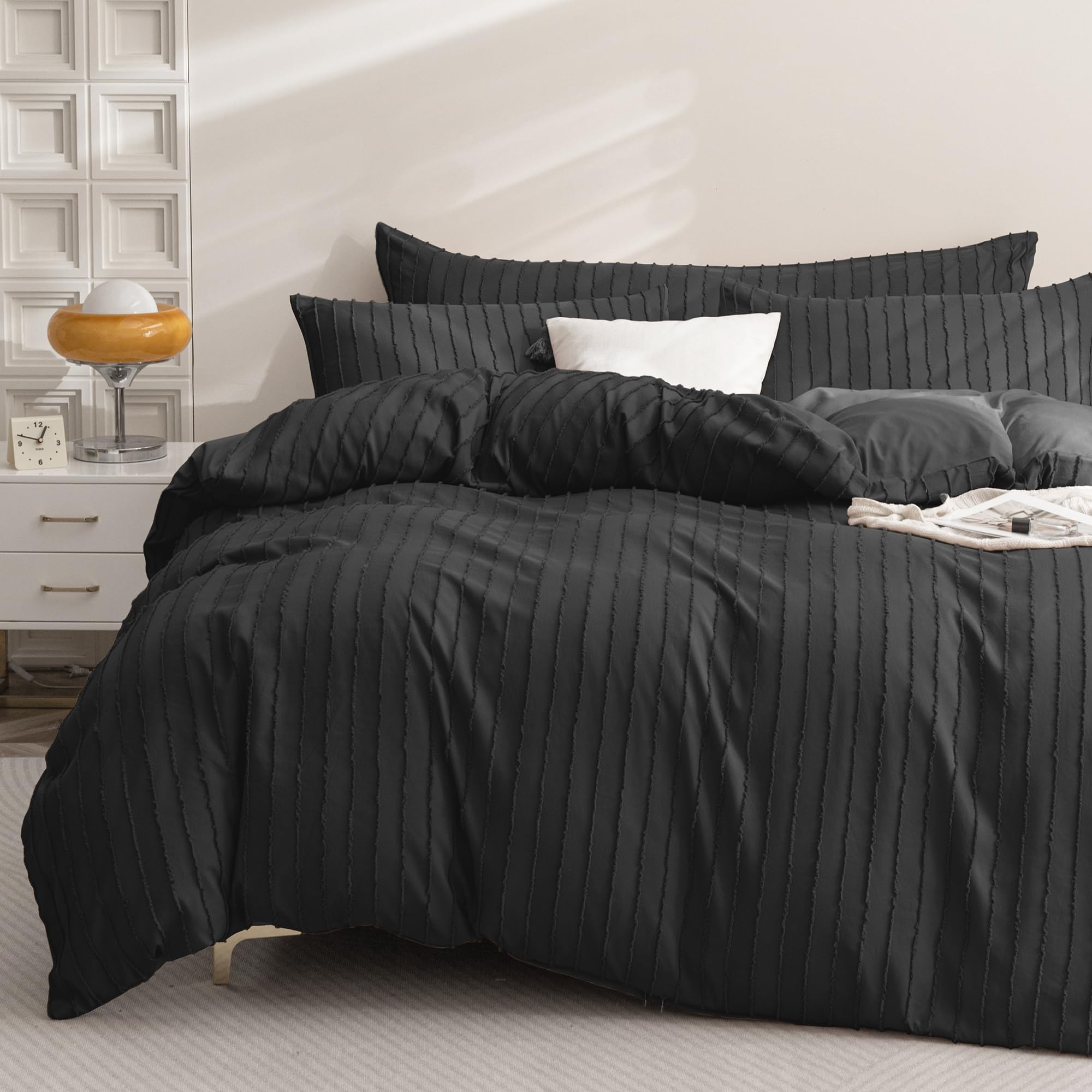 Jellymoni Black Duvet Cover King Size - 3Pcs Microfiber Tufted Duvet Cover Set, Boho Striped Tufted Textured Duvet Cover With Co