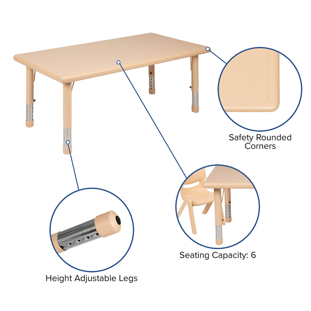 Flash Furniture Adjustable Classroom Activity Table with 6 Stackable Chairs, Rectangular Plastic Activity Table for Kids, 24" W x 48" L, Natural