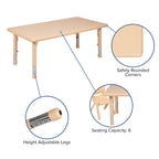 Flash Furniture Adjustable Classroom Activity Table with 6 Stackable Chairs, Rectangular Plastic Activity Table for Kids, 24" W x 48" L, Natural