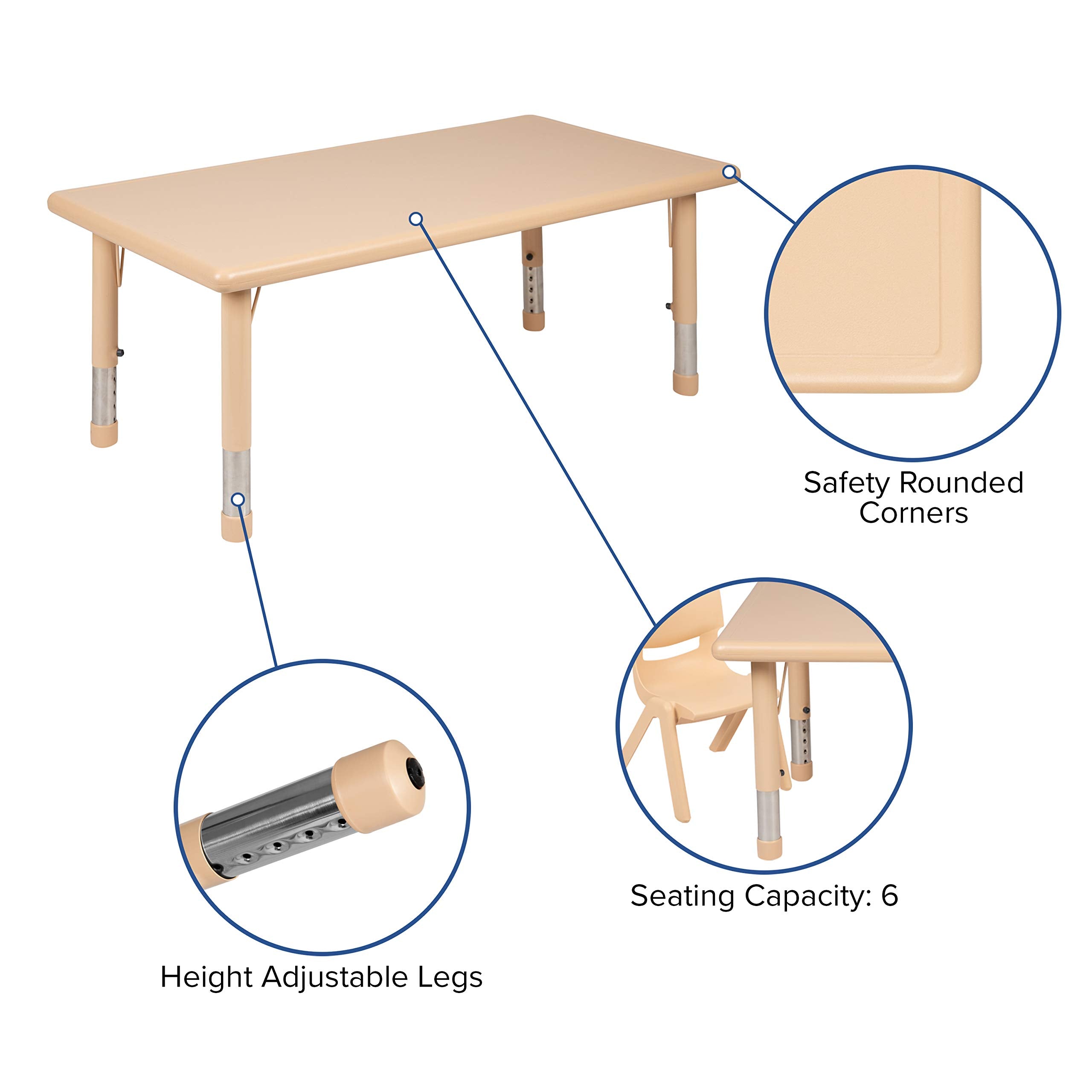 Flash Furniture Adjustable Classroom Activity Table with 6 Stackable Chairs, Rectangular Plastic Activity Table for Kids, 24" W x 48" L, Natural