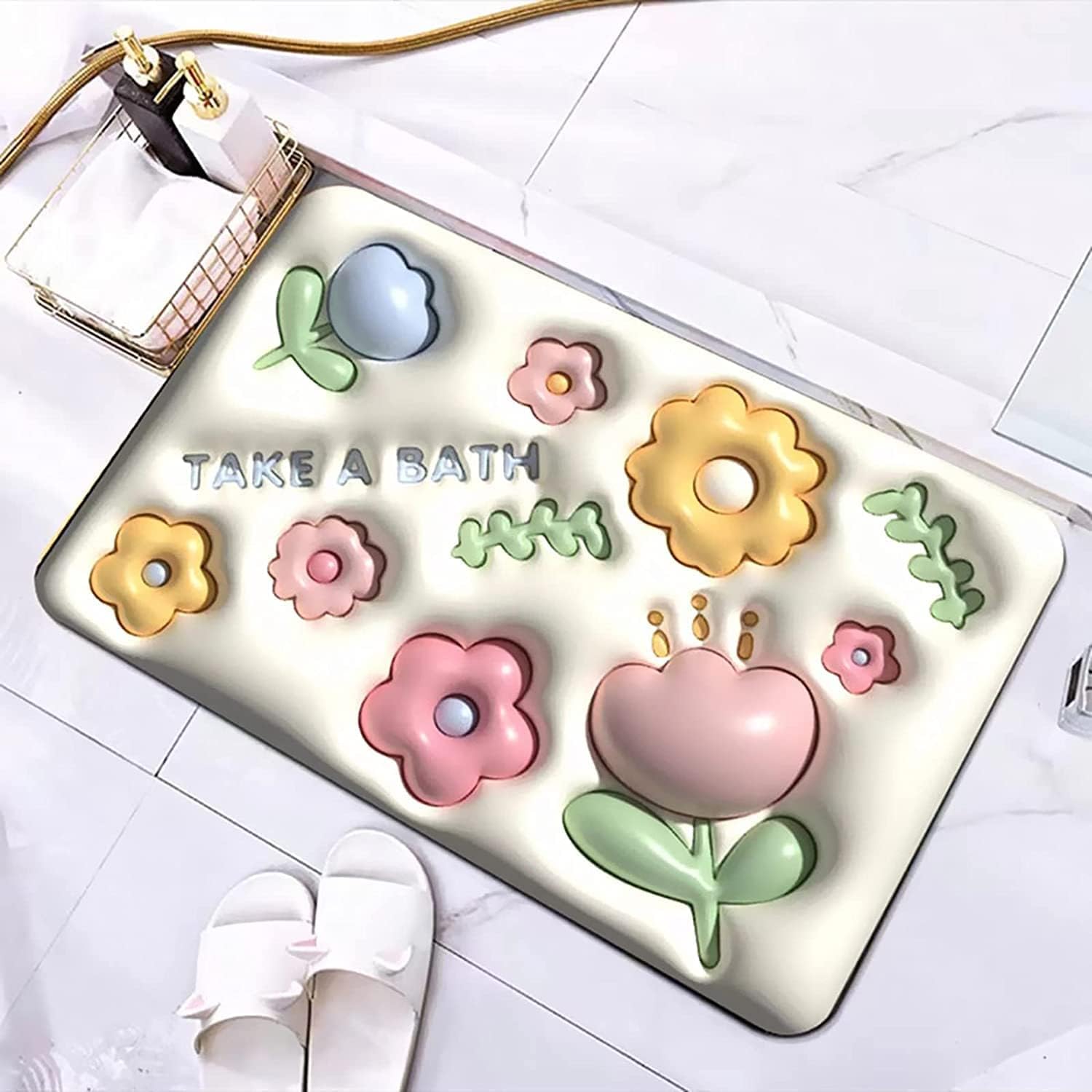 CLICKSWIFT 3D Print Anti Slip Floor Floral Bath Mat, Happy Life Design, NonSlip Bathroom Floor Mat, White with Colourful Flower