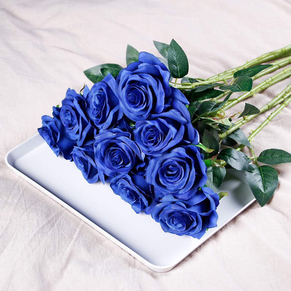 Tifuly Royal Blue Roses Artificial Flowers -12 Pcs Realistic Single Long Stem Fake Silk Roses Bouquet For Party Home Wedding Cen