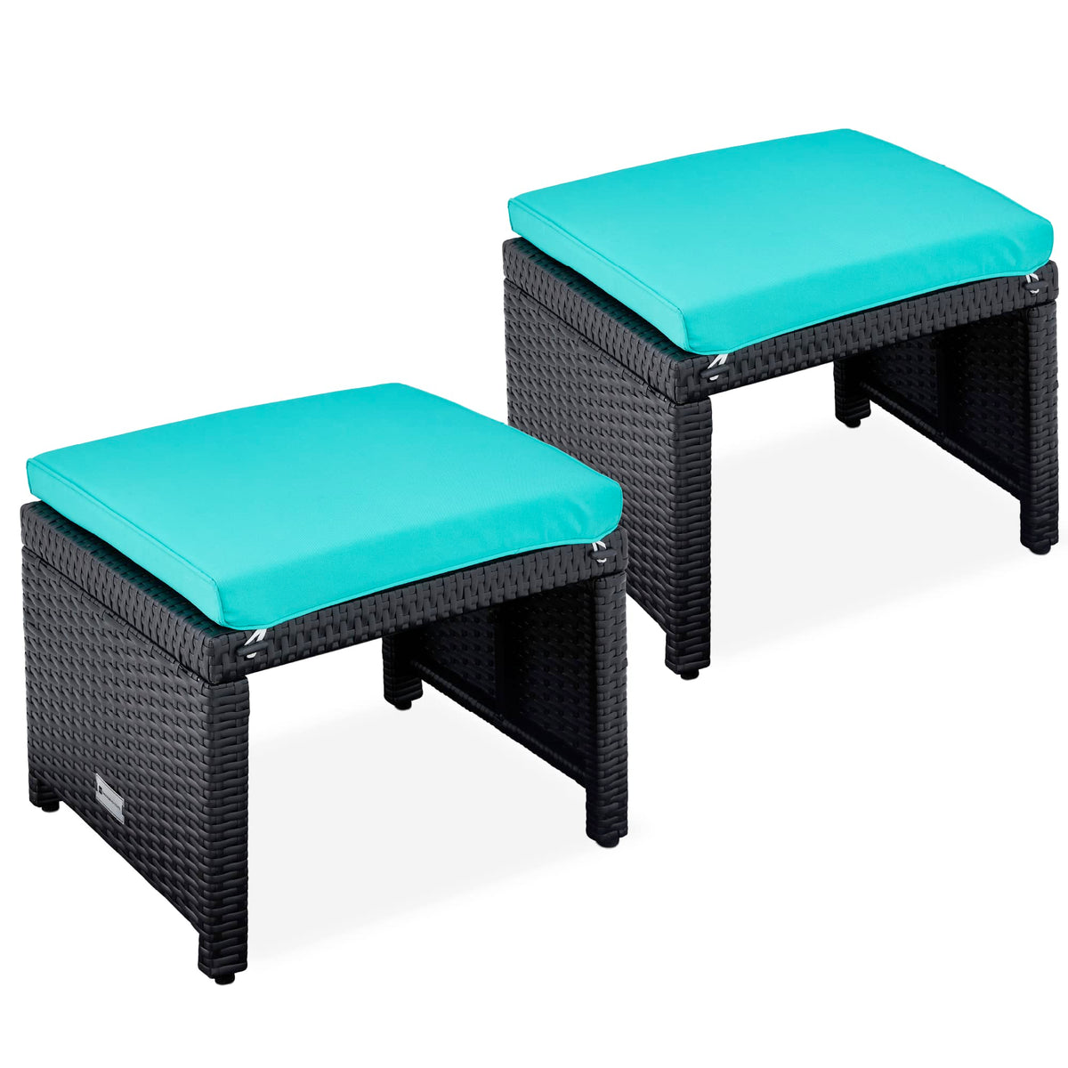 Best Choice Products Set Of 2 Wicker Ottomans, Multipurpose Outdoor Furniture For Patio, Backyard, Additional Seating, Footrest, Side Table W/Removable Cushions, Steel Frame - Black/Teal