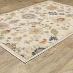 HomeRoots 509329 8 x 11 ft. Ivory Beige Gold Gray Blue Pink Red Rust & Green Oriental Power Loom Stain Resistant Rectangle Area Rug with Fringe