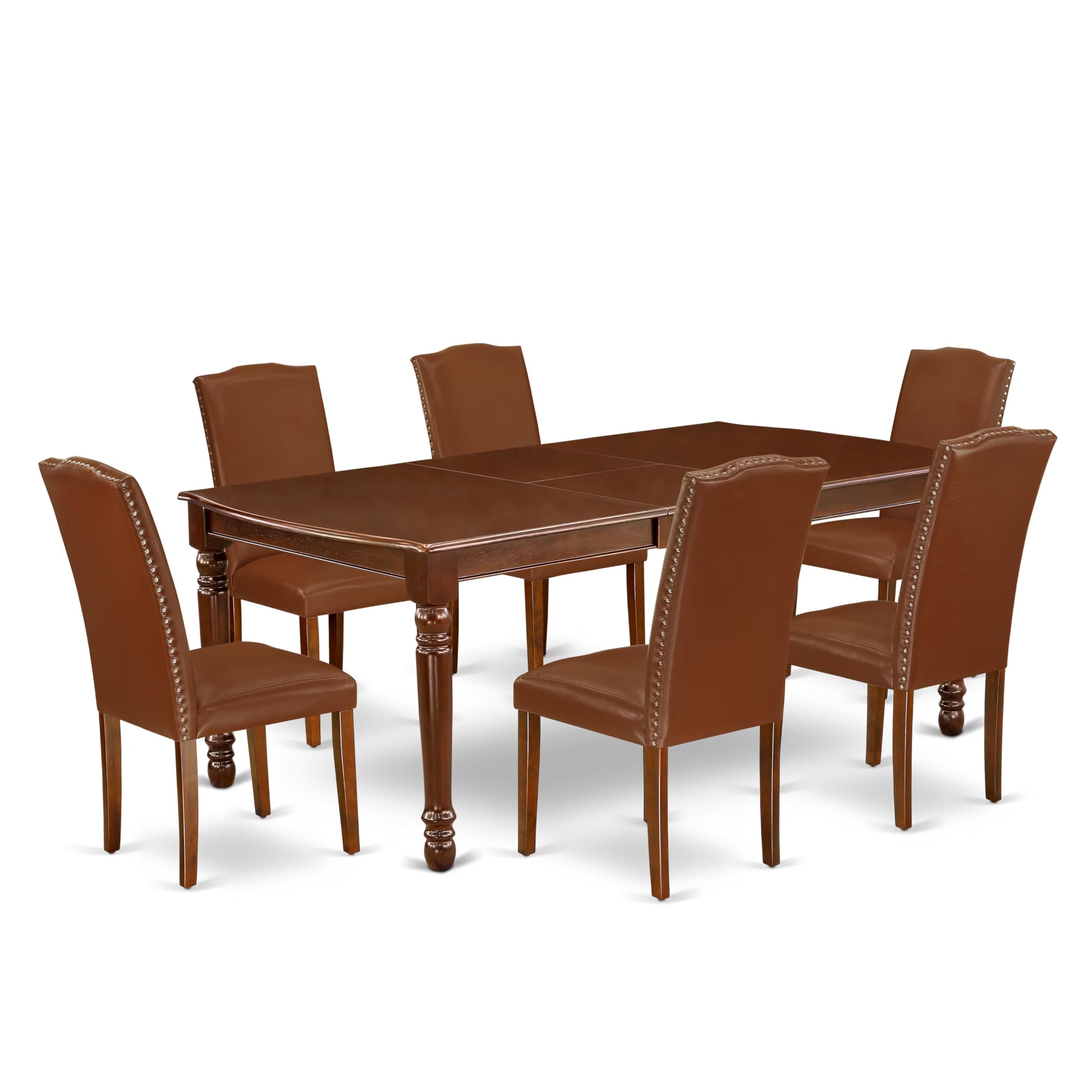 East West Furniture Doen7-Mah-66 7 Piece Dining Table Set Consist Of A Rectangle Dining Room Table With Butterfly Leaf And 6 Brown Faux Faux Leather Parson Chairs, 42X78 Inch, Mahogany