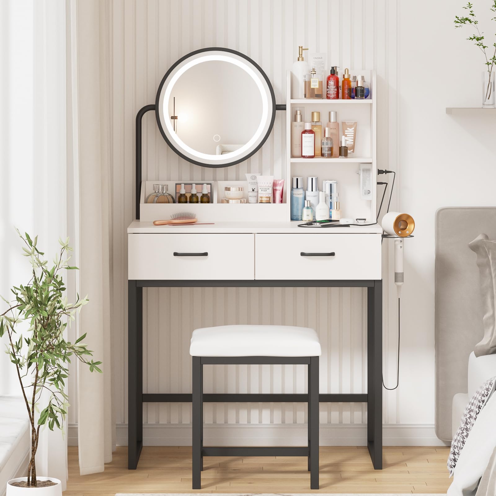 Vabches Makeup Vanity with Round Mirror and Lights, White Vanity Makeup Table with Charging Station, Small Vanity Table for Bedr