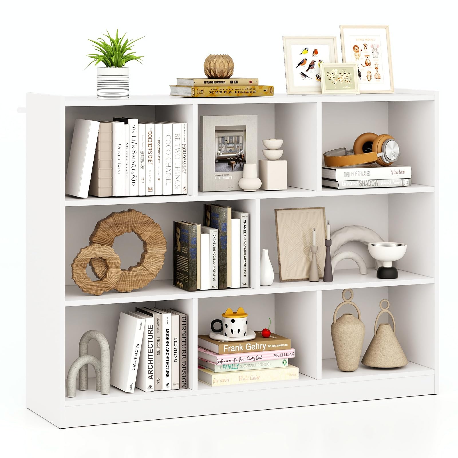 Silkydry White Bookcase, 8 Cube Storage Organizer, 3 Tier Horizontal Bookshelf, Open Display Shelf With Anti-Tipped Device, Wooden Low Bookshelf For Office, Living Room, Study, Bedroom (White)