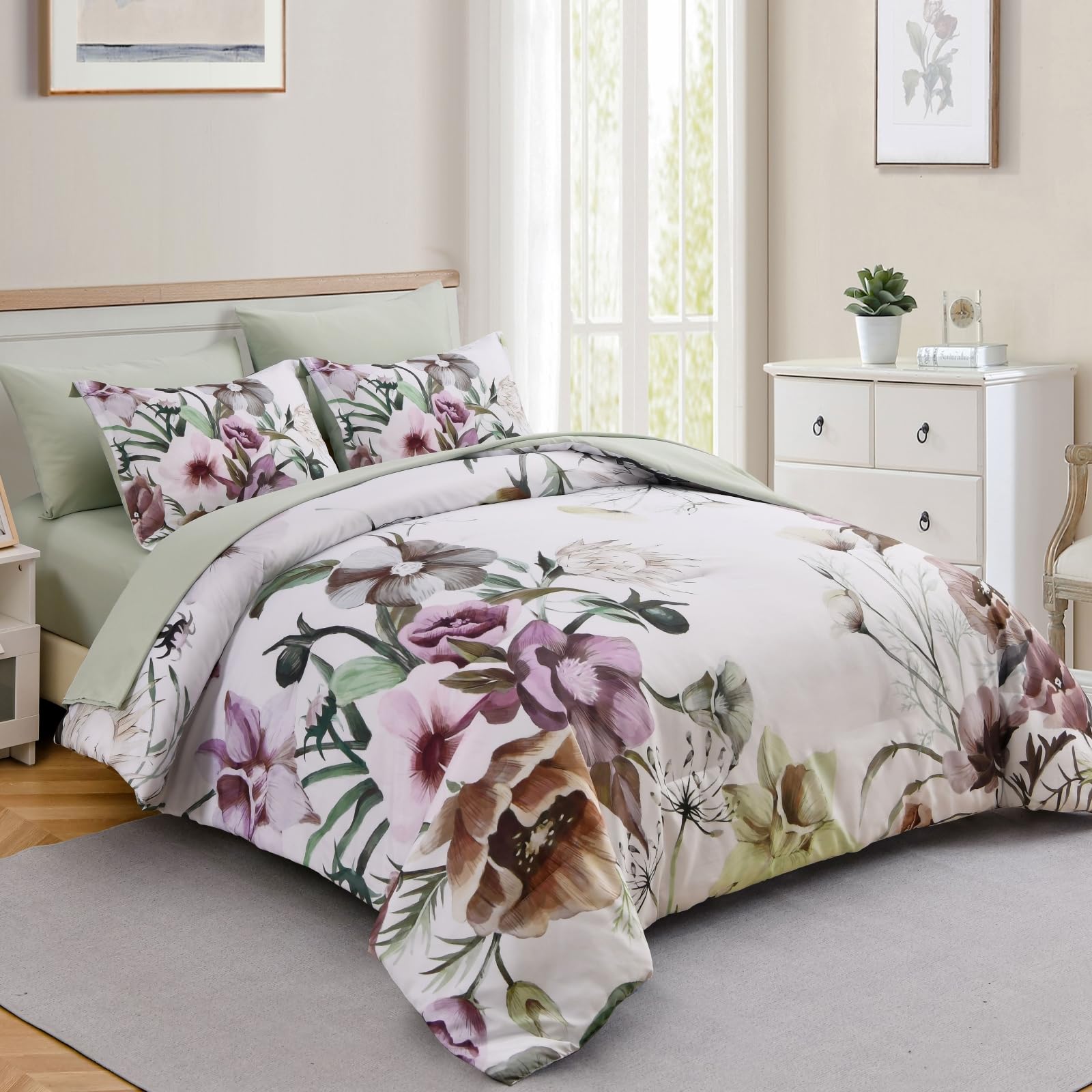 Luxudecor Floral Comforter Set Full Size 7 Piece, Green Flower Bed In A Bag, Elegant Floral Comforter With Sheet Set, Soft Micro