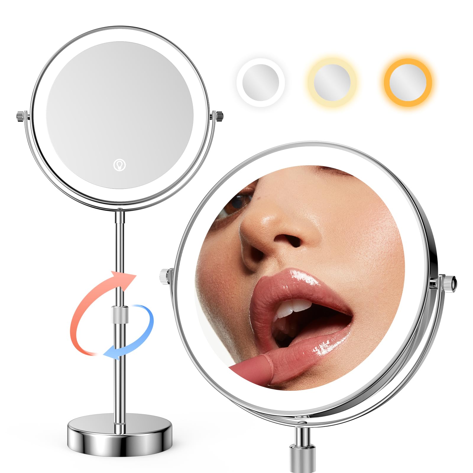 Nicesail Led Lighted Makeup Mirror Tabletop, 10X Magnifying Mirror With 3 Color Lights, Brightness Adjustable Height Adjustable,
