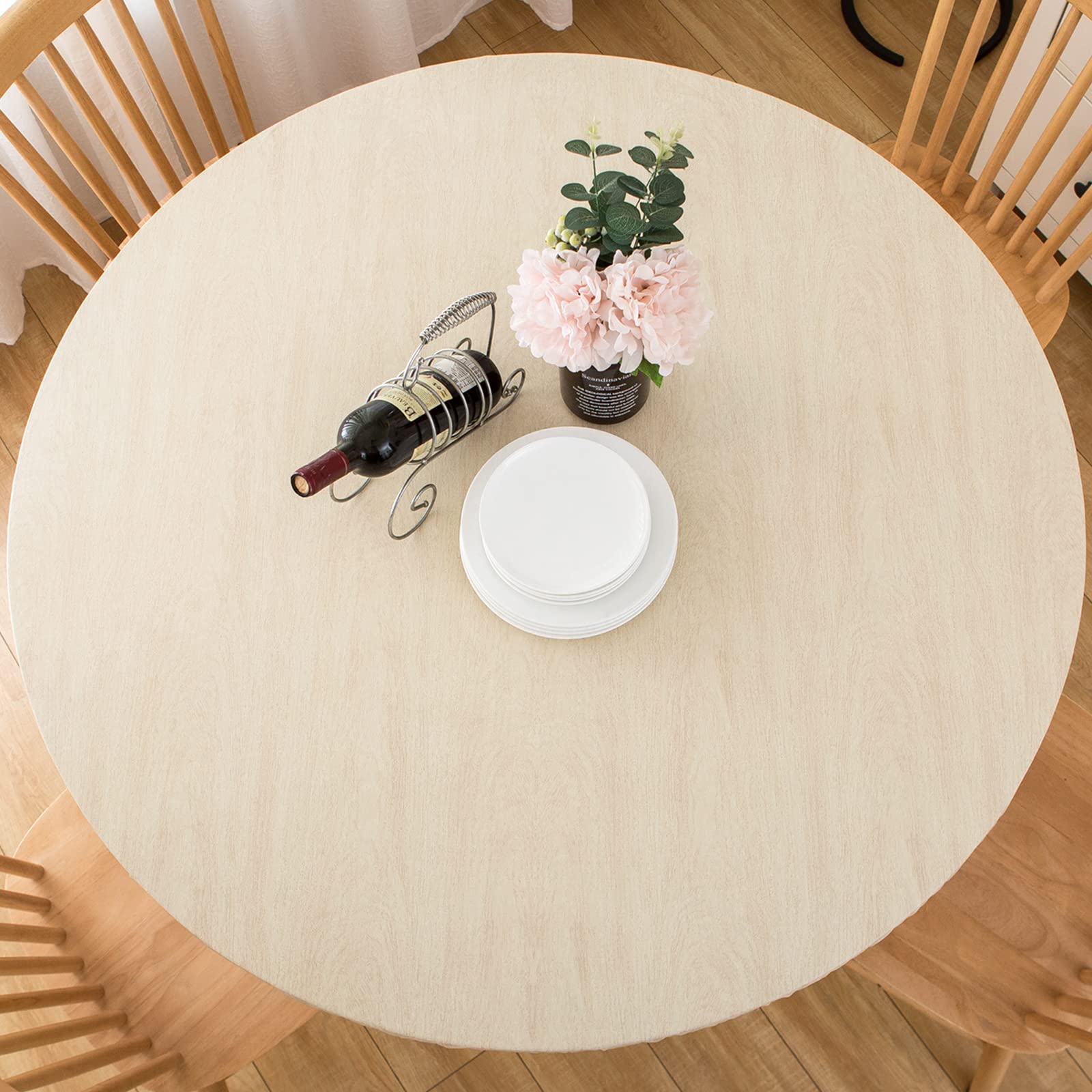 Liberecoo Round Fitted Vinyl Tablecloth Waterproof Elastic Edged Table Cloth - Cream Wood -Plastic Table Cover For Indoor & Outdoor For 40'-44' Round Table