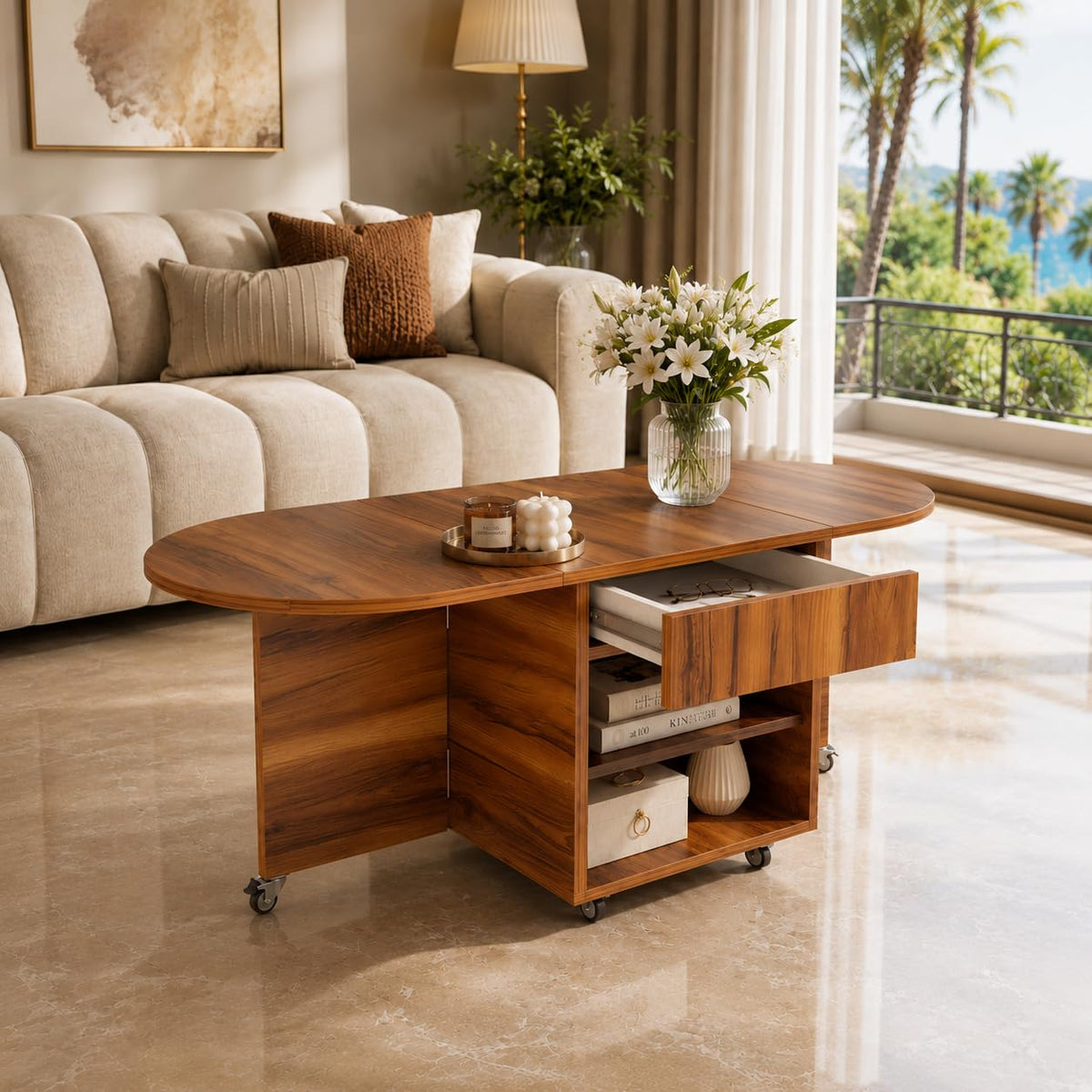 Studio Kook Tango Folding Coffee Table With Drawer, Amber Walnut ...