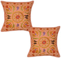 Lal Haveli Throw Square Handmade Embroidery Cotton Cushion Cover 16 X 16 Inches Set Of 2...
