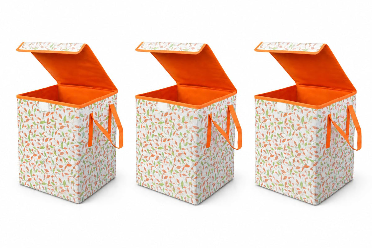 Foldable Laundry Hamper with Lid, Orange Floral Print, Nonwoven Fabric, Rectangular, 40 L, with Side Handles (Set of 3)